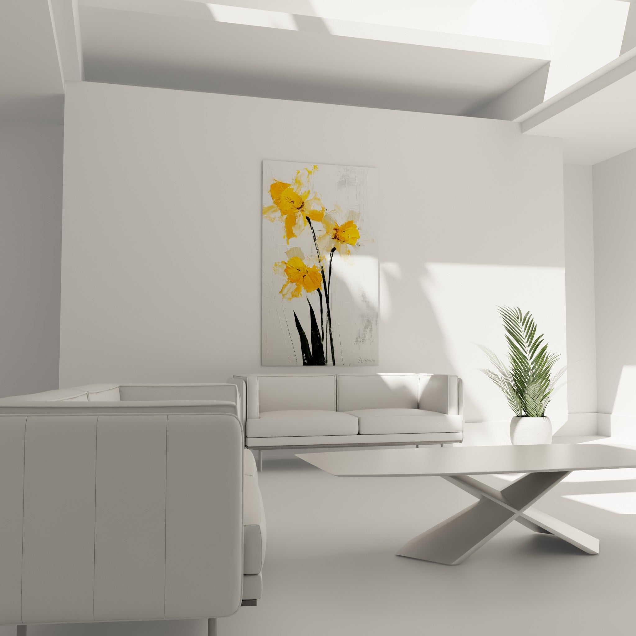 Fleurs de jonquilles jaune safran et blanc crème au-dessus d'un canapé dans un salon lumineux