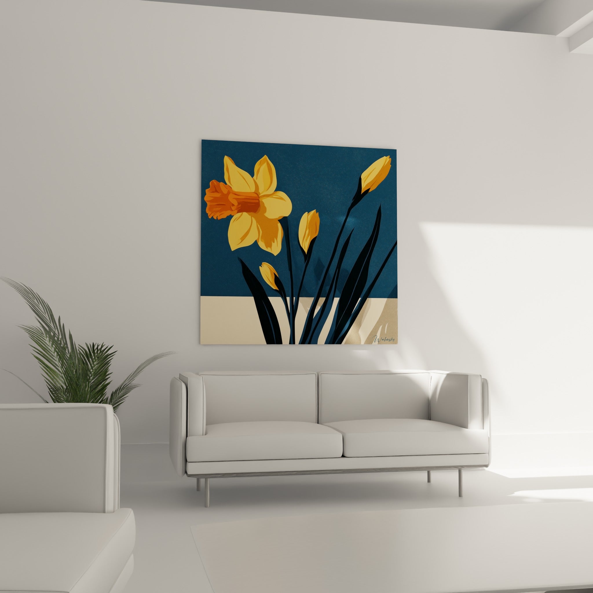 Pétales jaune doré et couronne orangée sur fond bleu marine, disposés au-dessus d'un canapé dans un salon lumineux