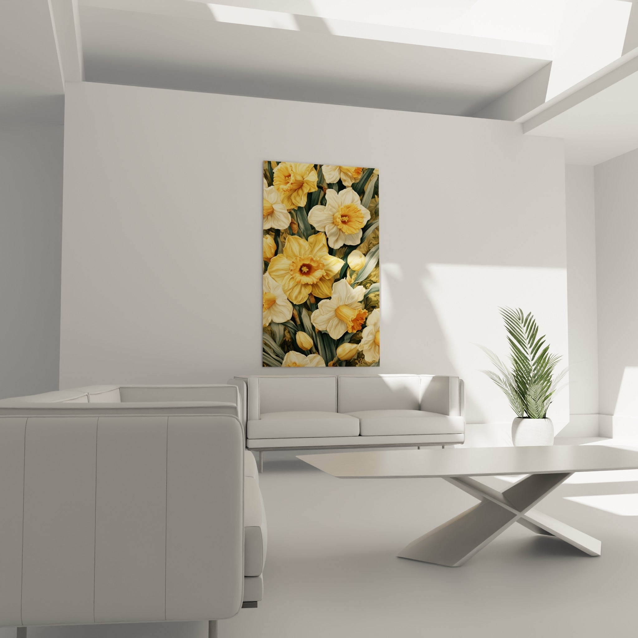 Fleurs de jonquilles dorées aux trompettes orangées suspendues au-dessus d'un canapé dans un salon lumineux
