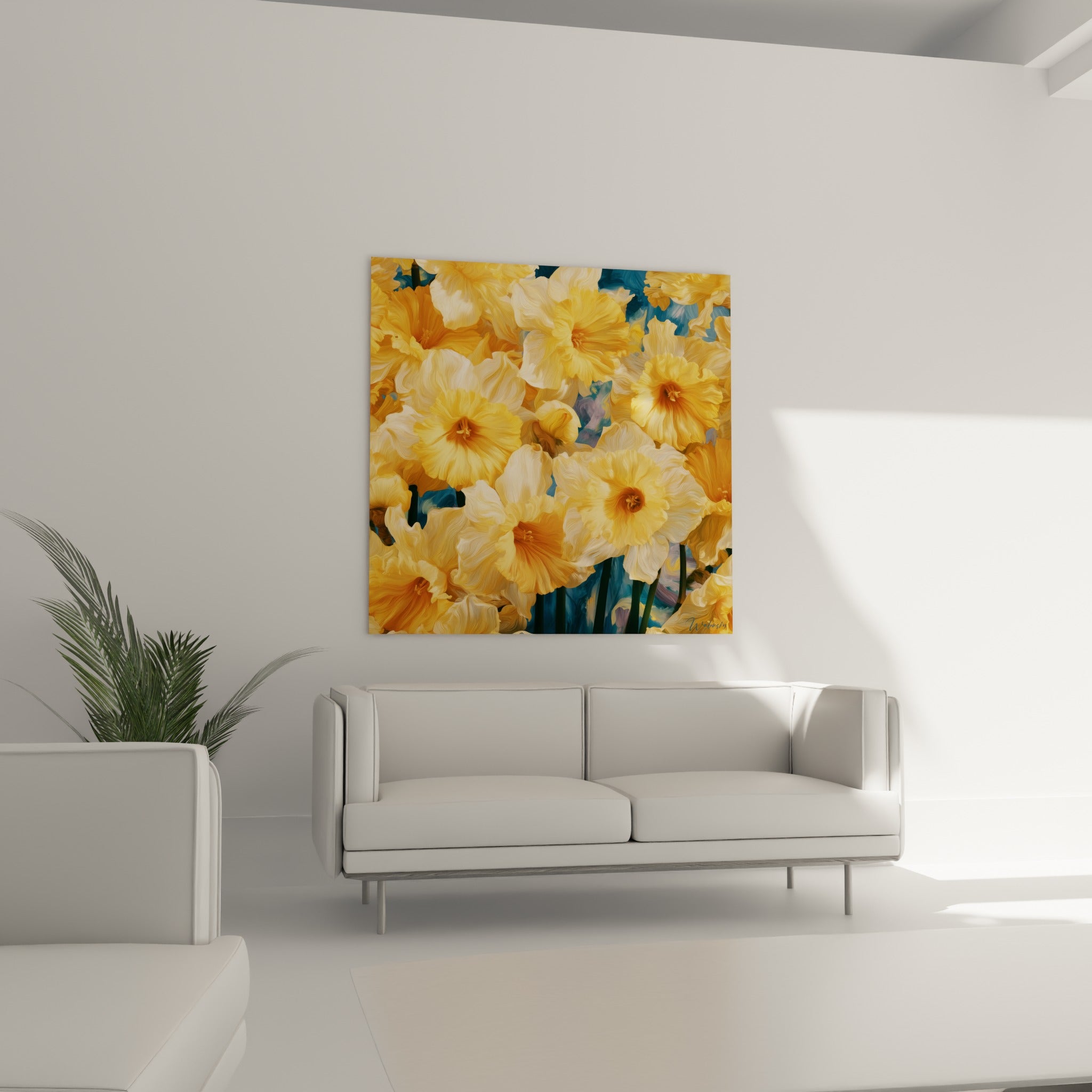 Pétales de jonquille orangés et crème froissés au-dessus d'un canapé dans un salon lumineux