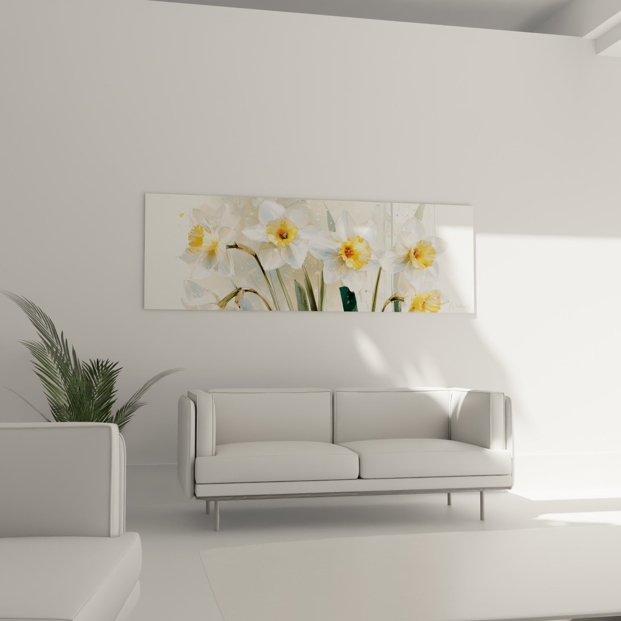 Fleurs de jonquille blanches et jaune doré disposées au-dessus d'un canapé dans un salon lumineux
