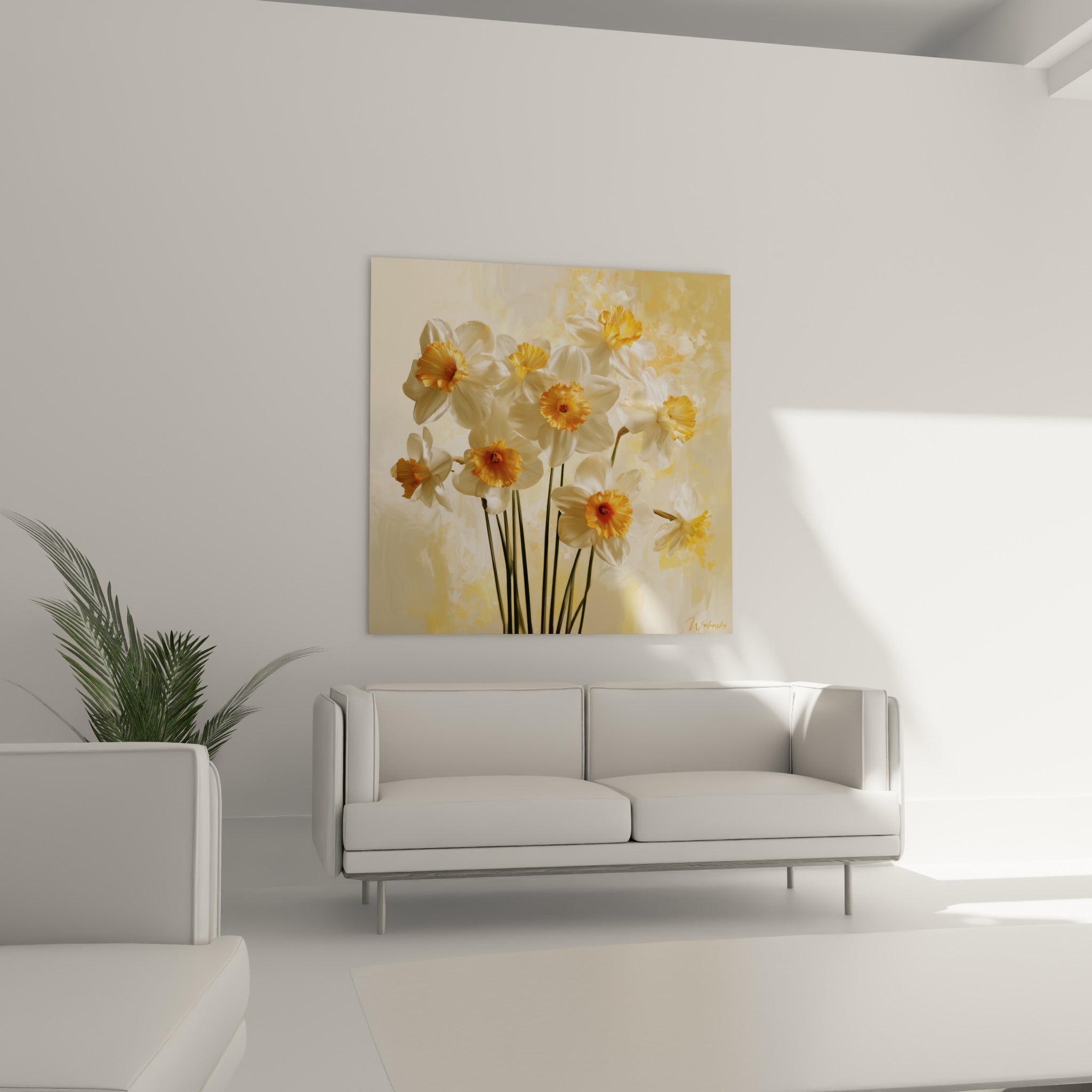 Fleurs de jonquilles blanches aux reflets dorés suspendues au-dessus d'un canapé dans un salon lumineux