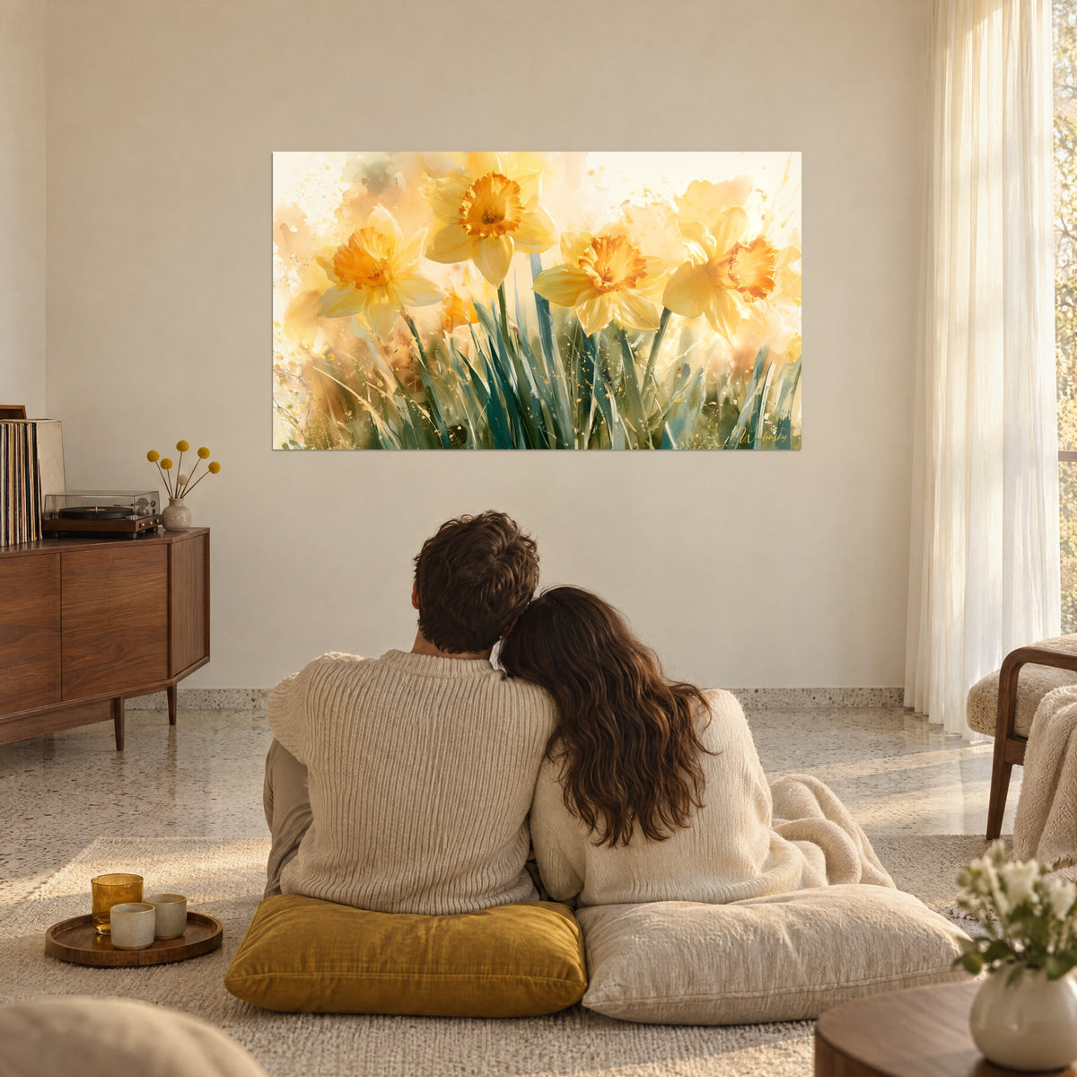 Schilderij narcisbloei in een amberkleurige gloed, lichtgele bloemblaadjes en blauwgroene bladeren, woonkamer, mosterdgele kussen op de vloer