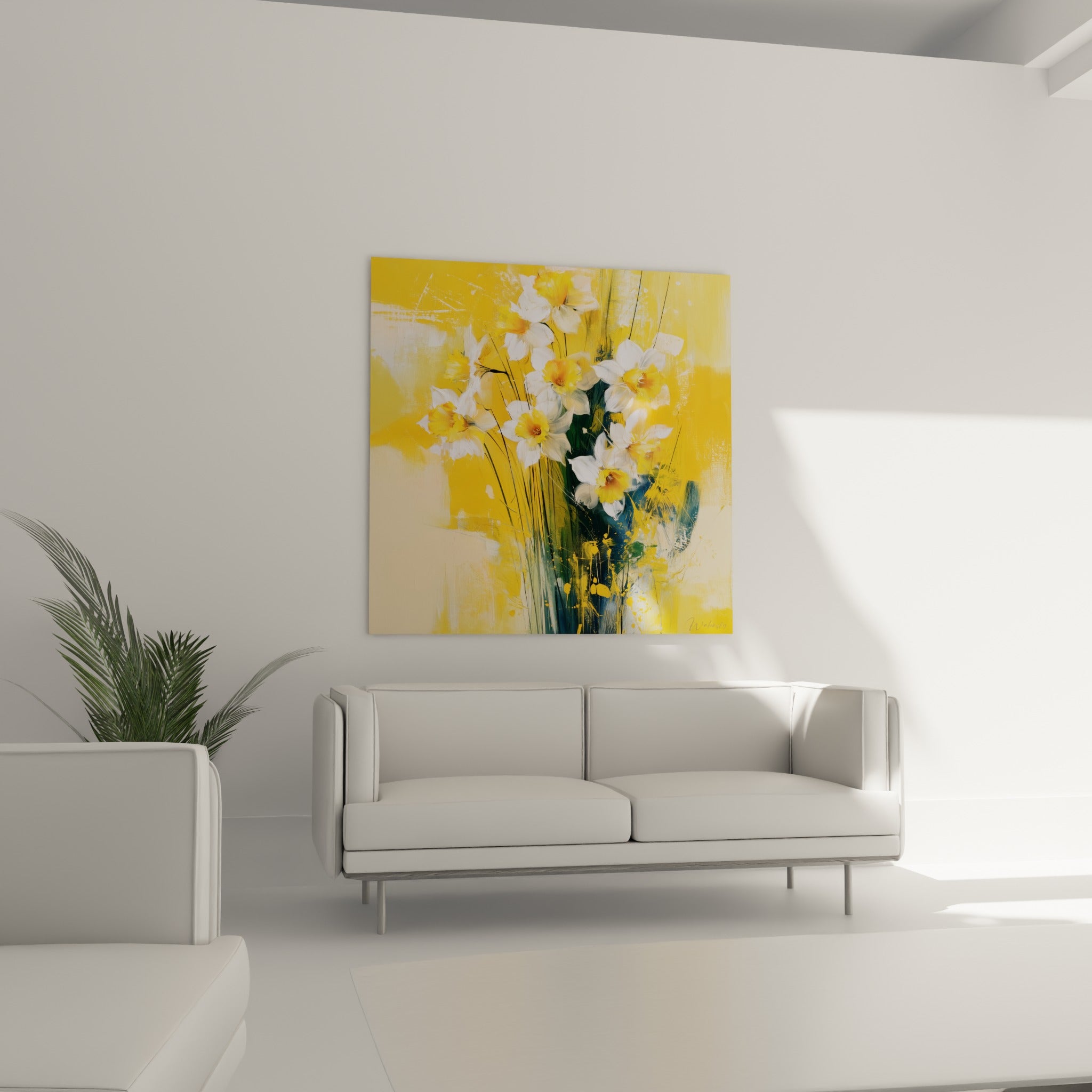 Fleurs de jonquilles blanc et or éclatant sur toile, disposées au-dessus d'un canapé dans un salon lumineux
