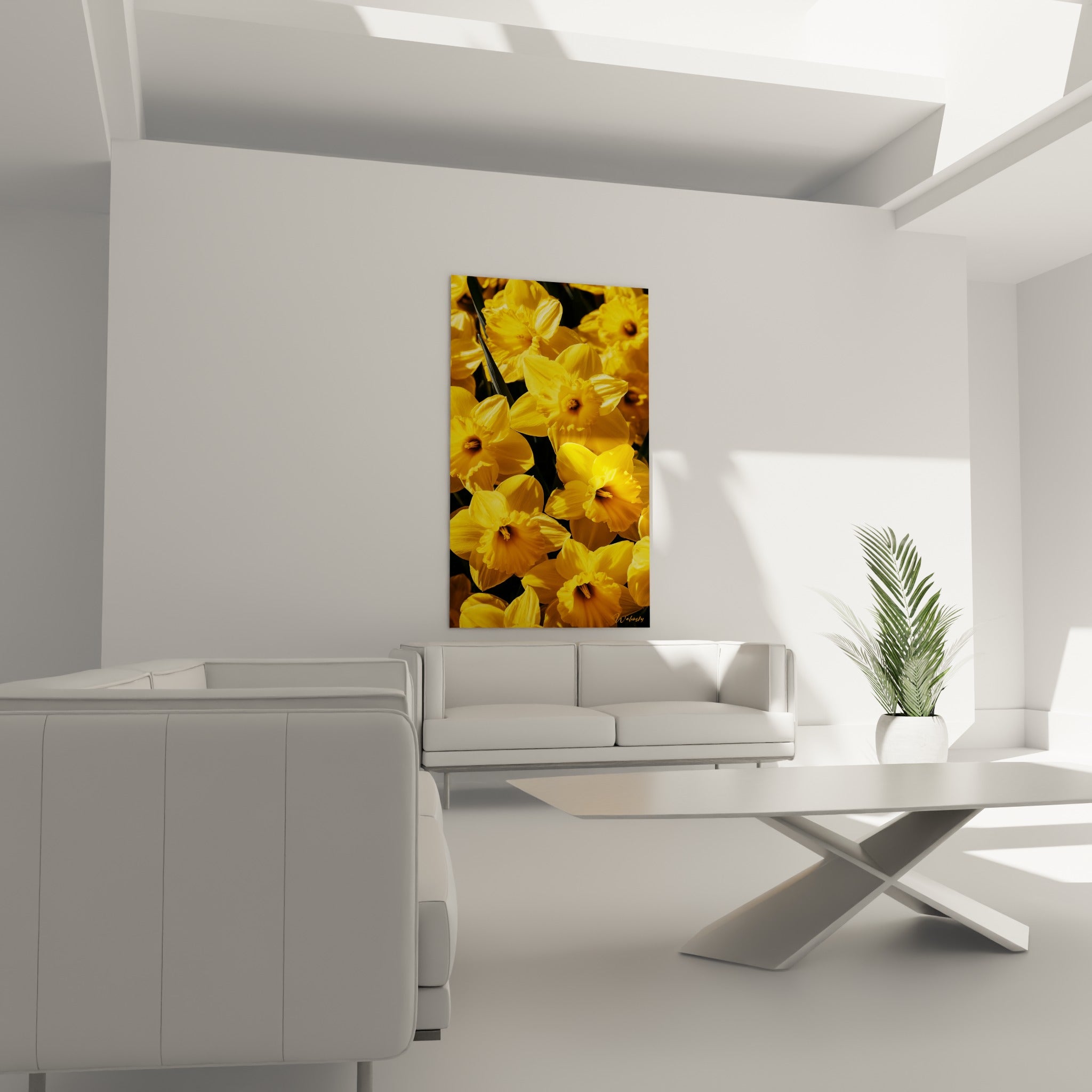 Fleurs de jonquille jaune éclatant et orangé suspendues au-dessus d'un canapé dans un salon lumineux