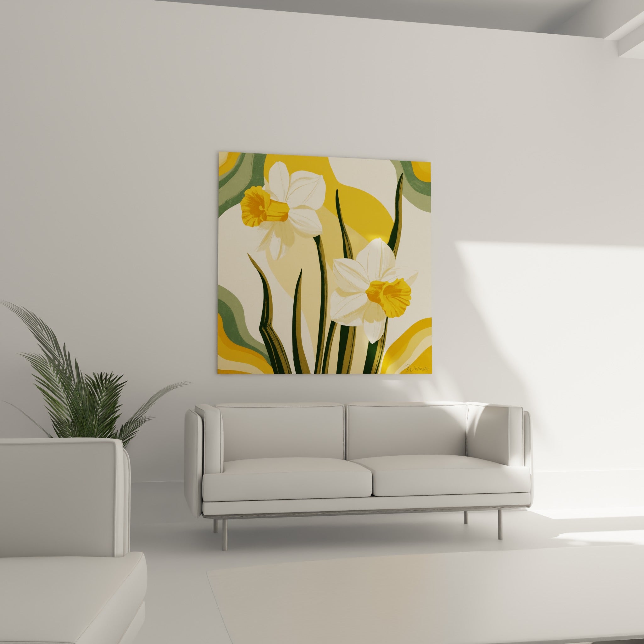 Pétales blancs et corolles dorées de jonquille disposés au-dessus d'un canapé dans un salon lumineux