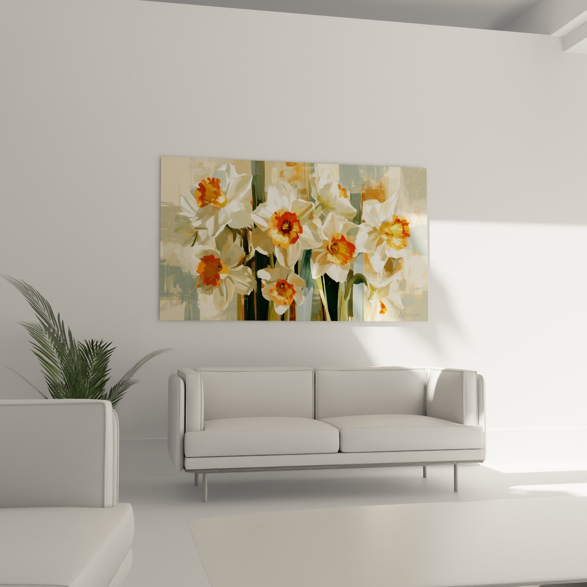 Fleurs de jonquille blanches aux trompettes dorées au-dessus d'un canapé dans un salon lumineux