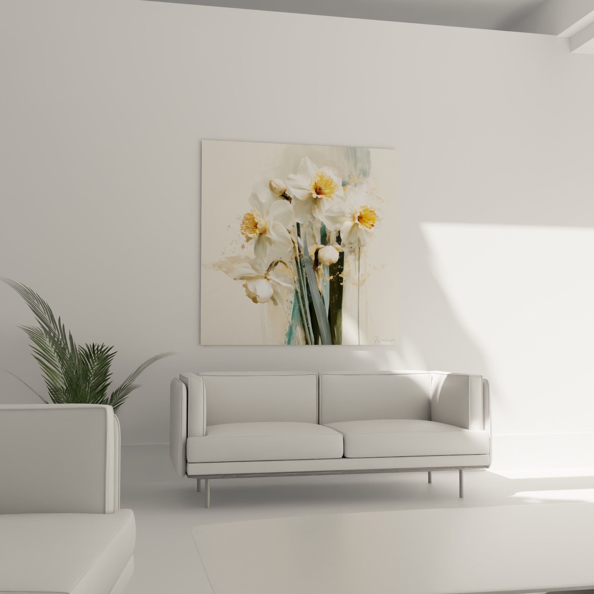 Fleurs de jonquille ivoire et dorées installées au-dessus d'un canapé dans un salon lumineux