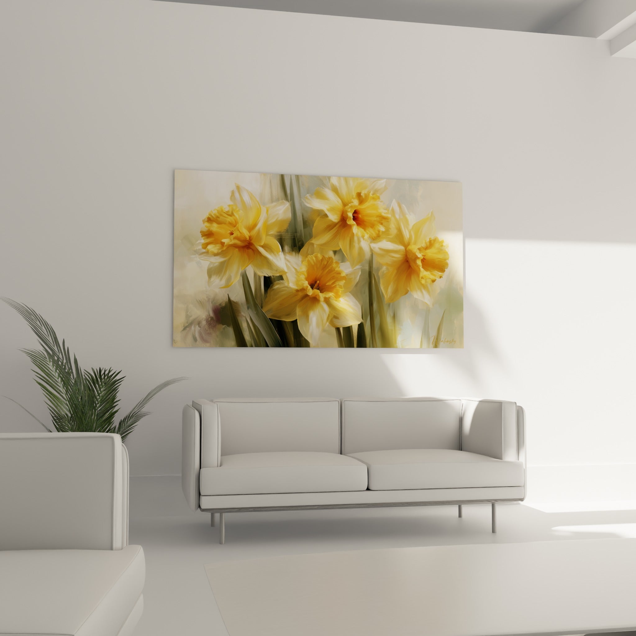 Fleurs de jonquille jaune et vert olive au-dessus d'un canapé dans un salon lumineux