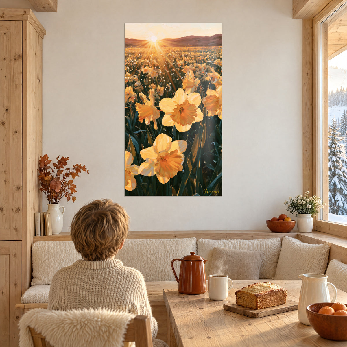 Cuadro mar de flores amarillo mantequilla y naranja vivo bajo un sol deslumbrante, colinas pardas, un niño de espaldas frente a una mesa con brioche en un chalet