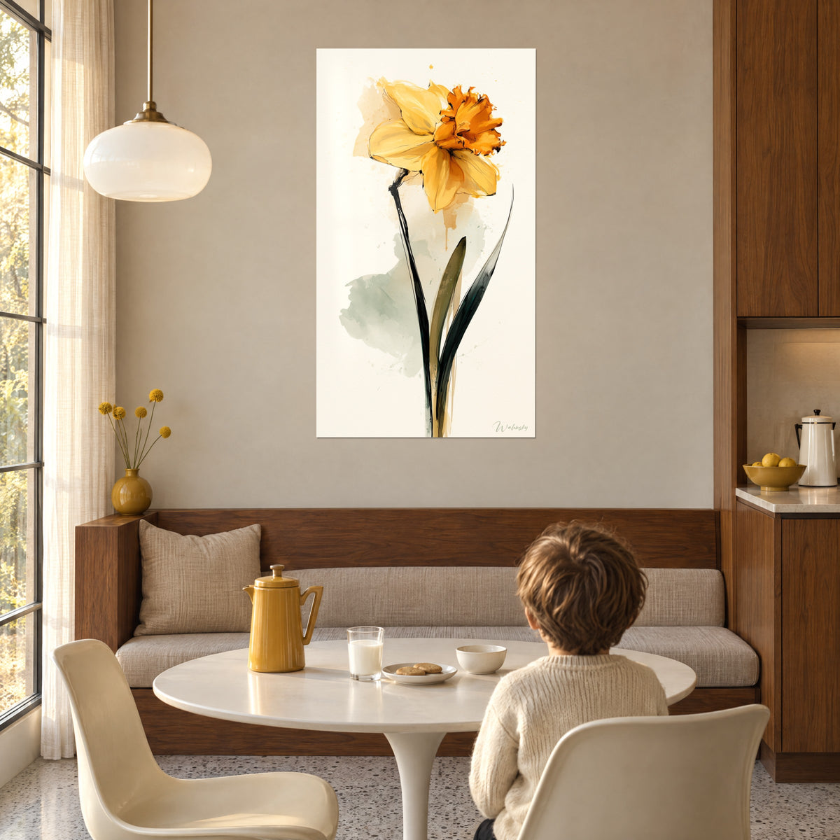 Quadro fiore primaverile giallo burro con gorgiera arancione e tratto d'inchiostro nero, sopra un tavolo rotondo bianco, bambino di spalle