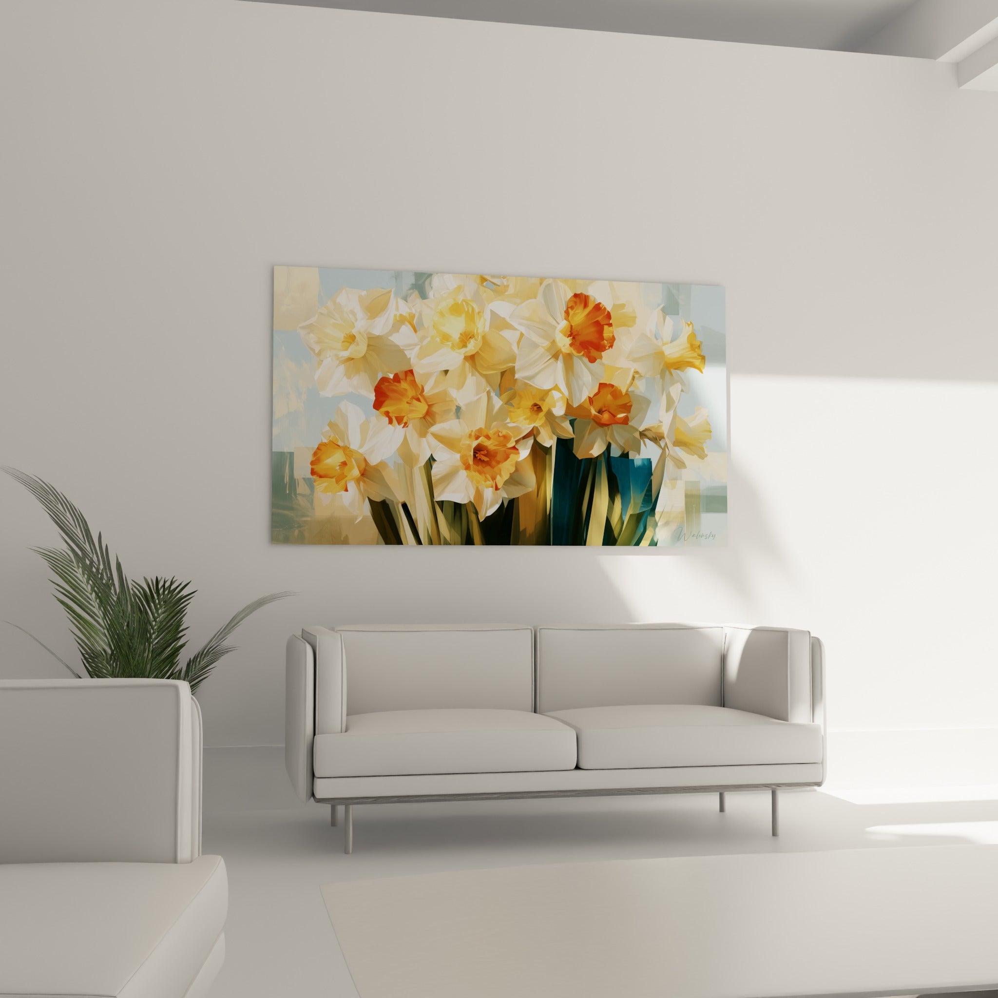 Fleurs de jonquille orangées et blanches accrochées au-dessus d'un canapé dans un salon lumineux