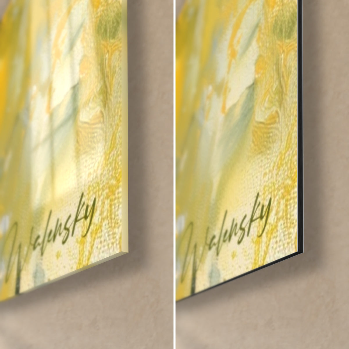 Cuadro narcisos en pintura gruesa amarilla y verde, esquina inferior derecha, vidrio acrílico brillante y aluminio Dibond mate, grosor 3 mm