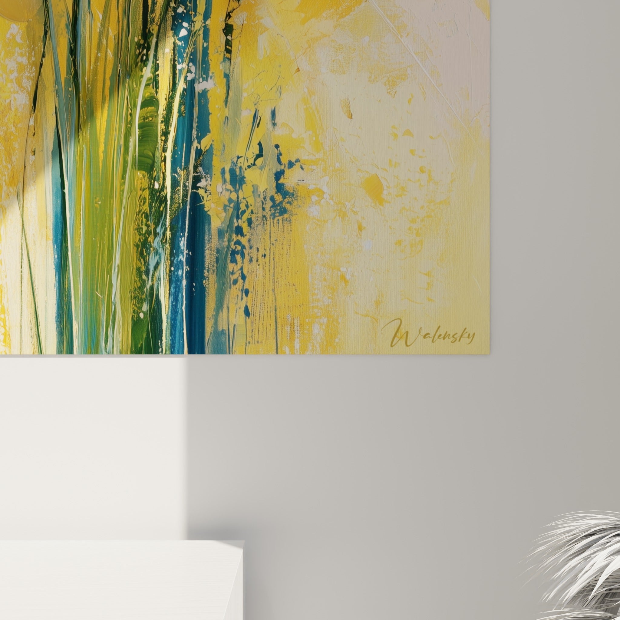 Empâtements épais de peinture jaune et blanche révélant le grain et les coulures des jonquilles