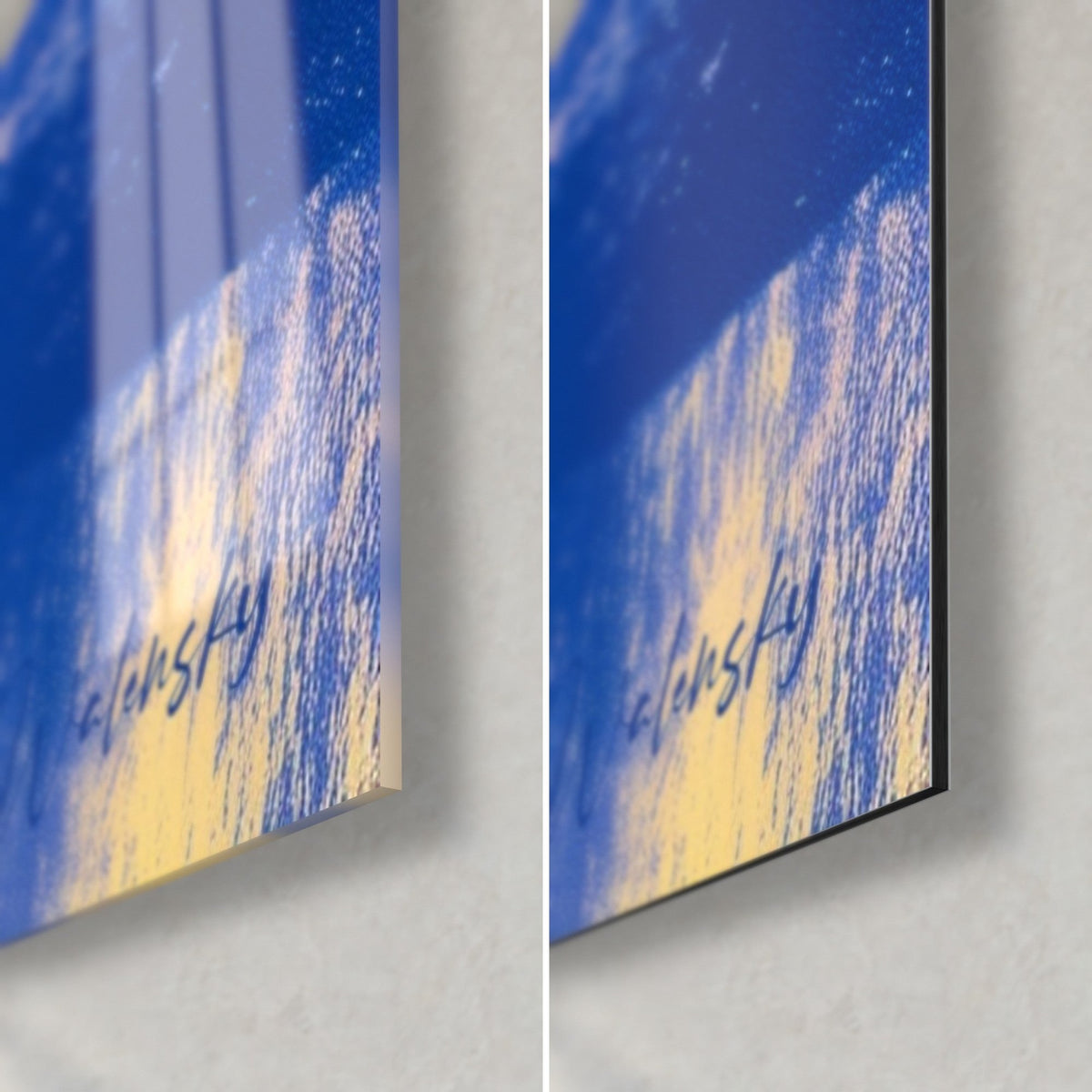 Wall art yellow spring flowers on royal blue, glossy glass corner at bottom left and matte Dibond aluminium on the right