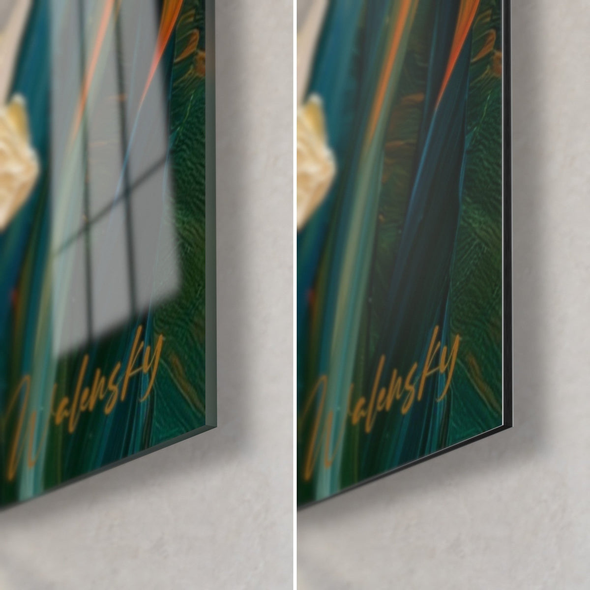 Wall art of daffodil flowers, bottom right corner: glossy glass with reflections, matte Dibond, thin edge, green and orange stems