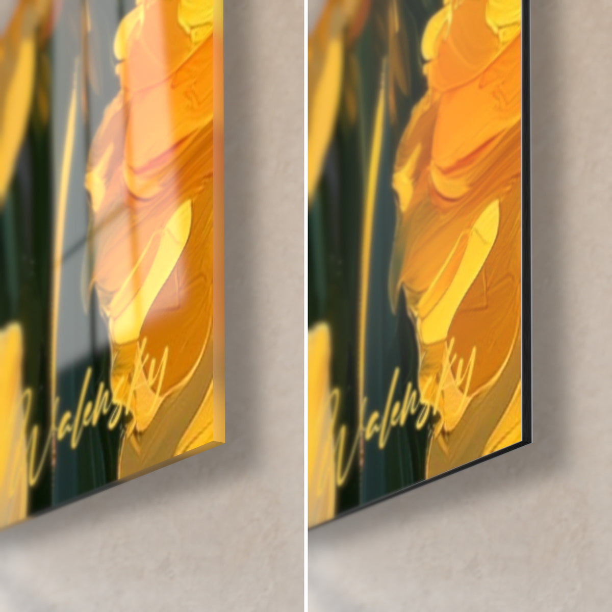 Quadro corolla di narciso gialla e arancio, angolo in basso a destra, vetro acrilico lucido a sinistra, Dibond nero opaco a destra