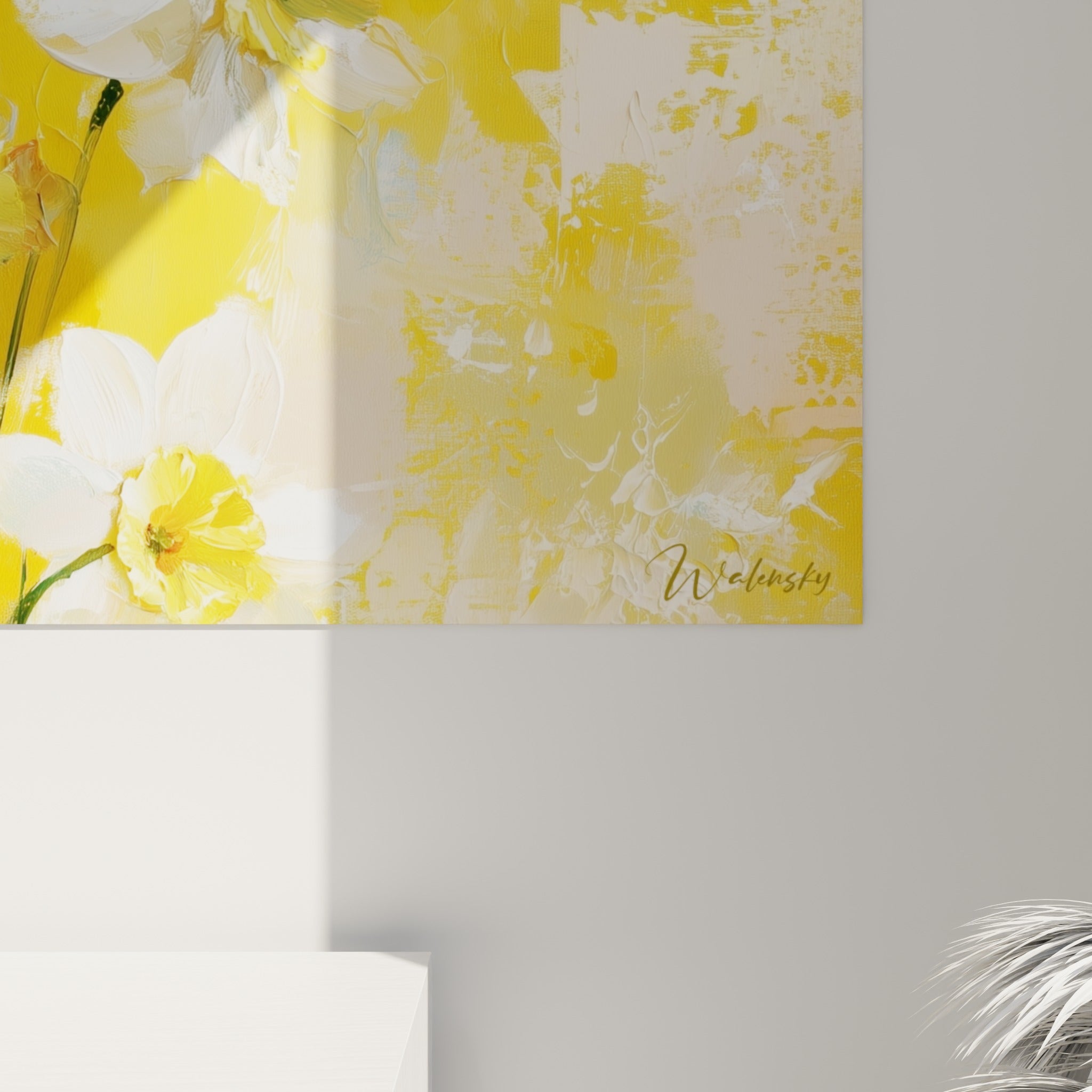 Empâtements épais de peinture jaune et blanche révélant le relief des pétales de jonquille