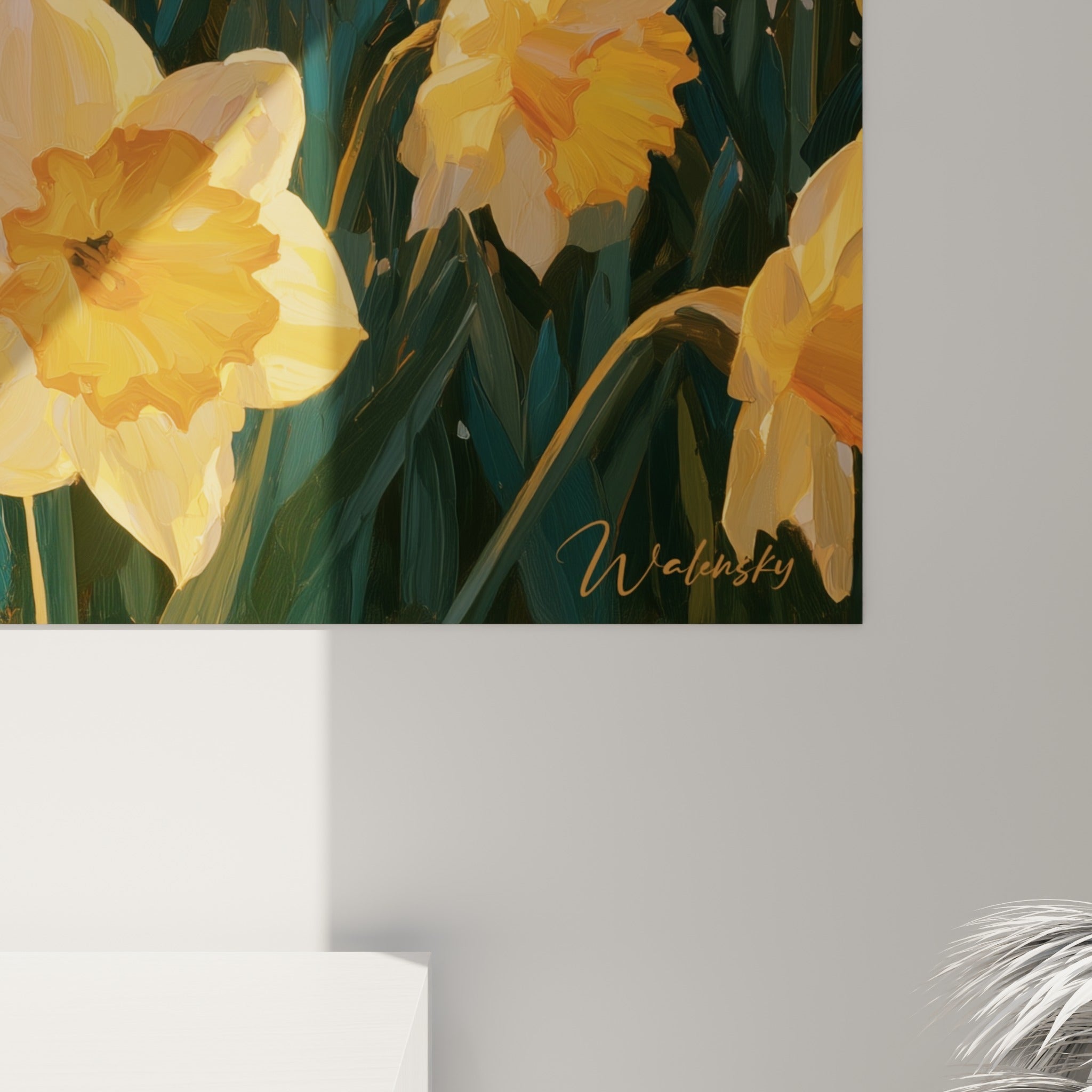 Empâtements jaune safran et orangé cuivré visibles de près sur la toile de jonquilles