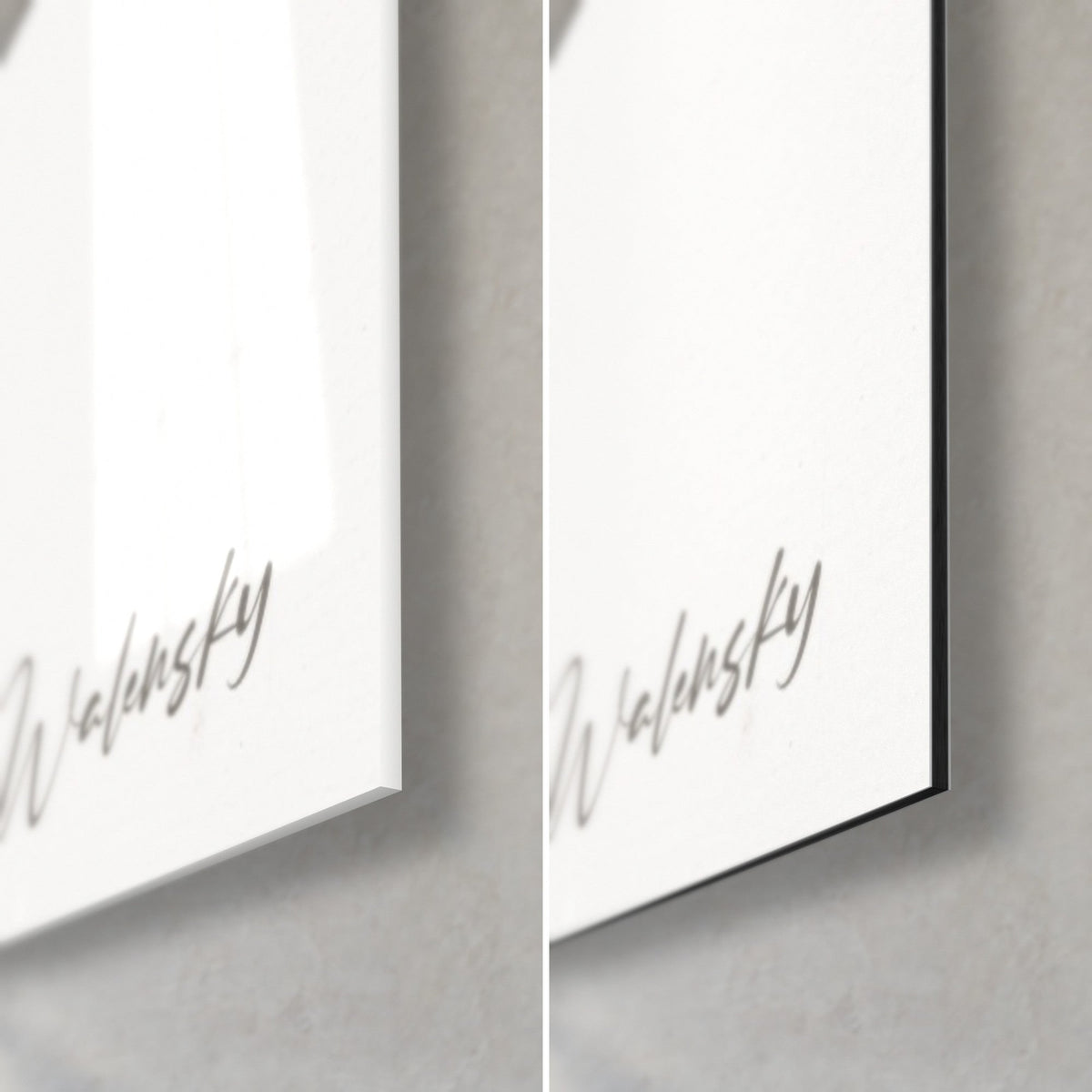 Wall art of an ivory flower in Chinese ink, bottom right corner: glossy acrylic glass on the left, matte grey Dibond aluminium on the right