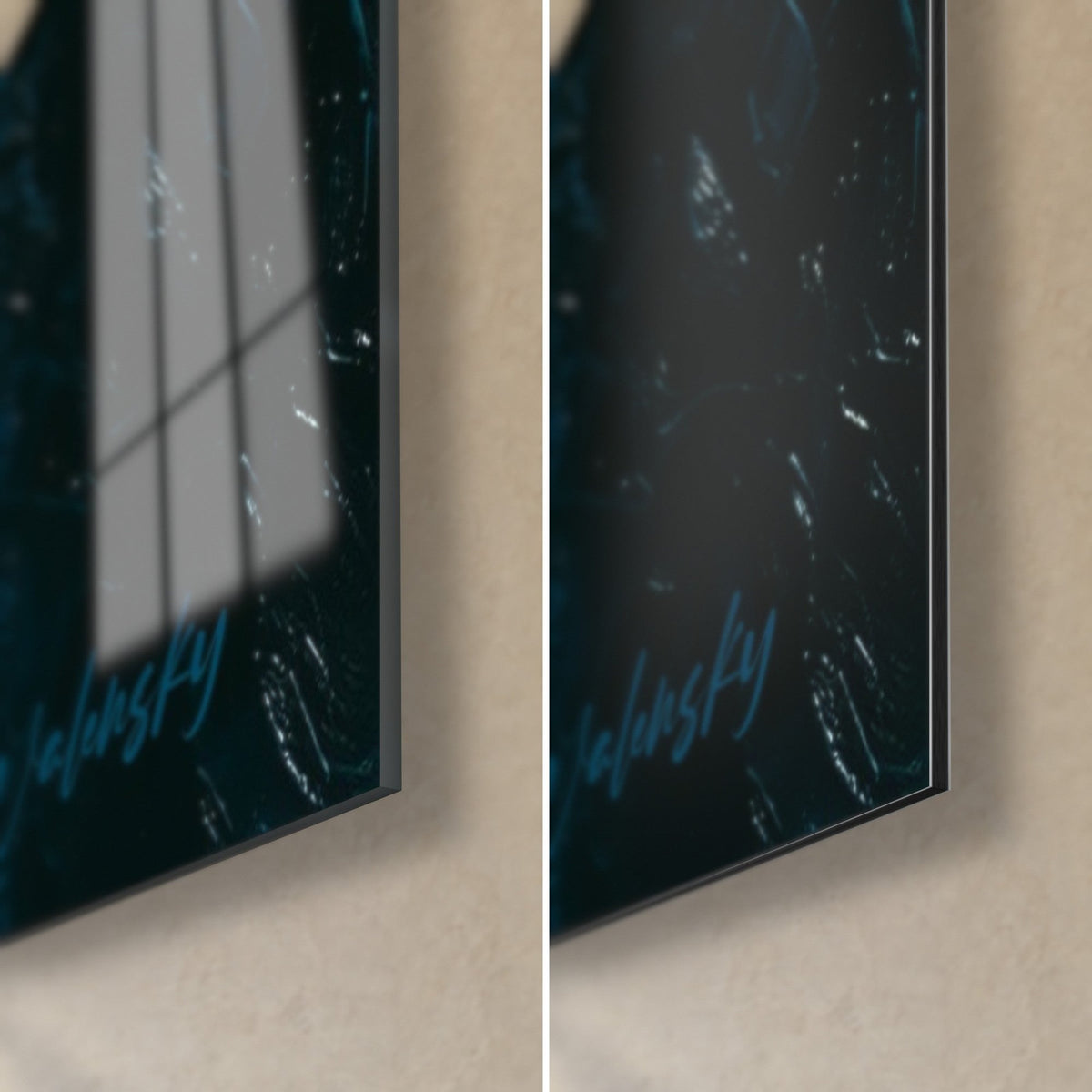 Wall art white flowers beaded with pearly dew on navy blue background, bottom right corner, glossy glass on the left and matte black Dibond on the right