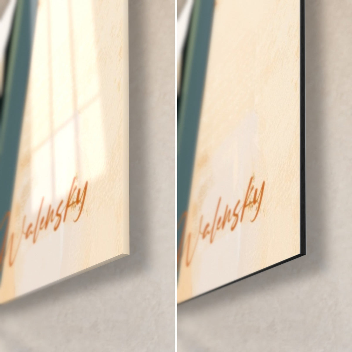 Wall art bouquet of daffodils, bottom right corner: glossy glass and matte black Dibond, orange signature on cream background, 3 mm edge