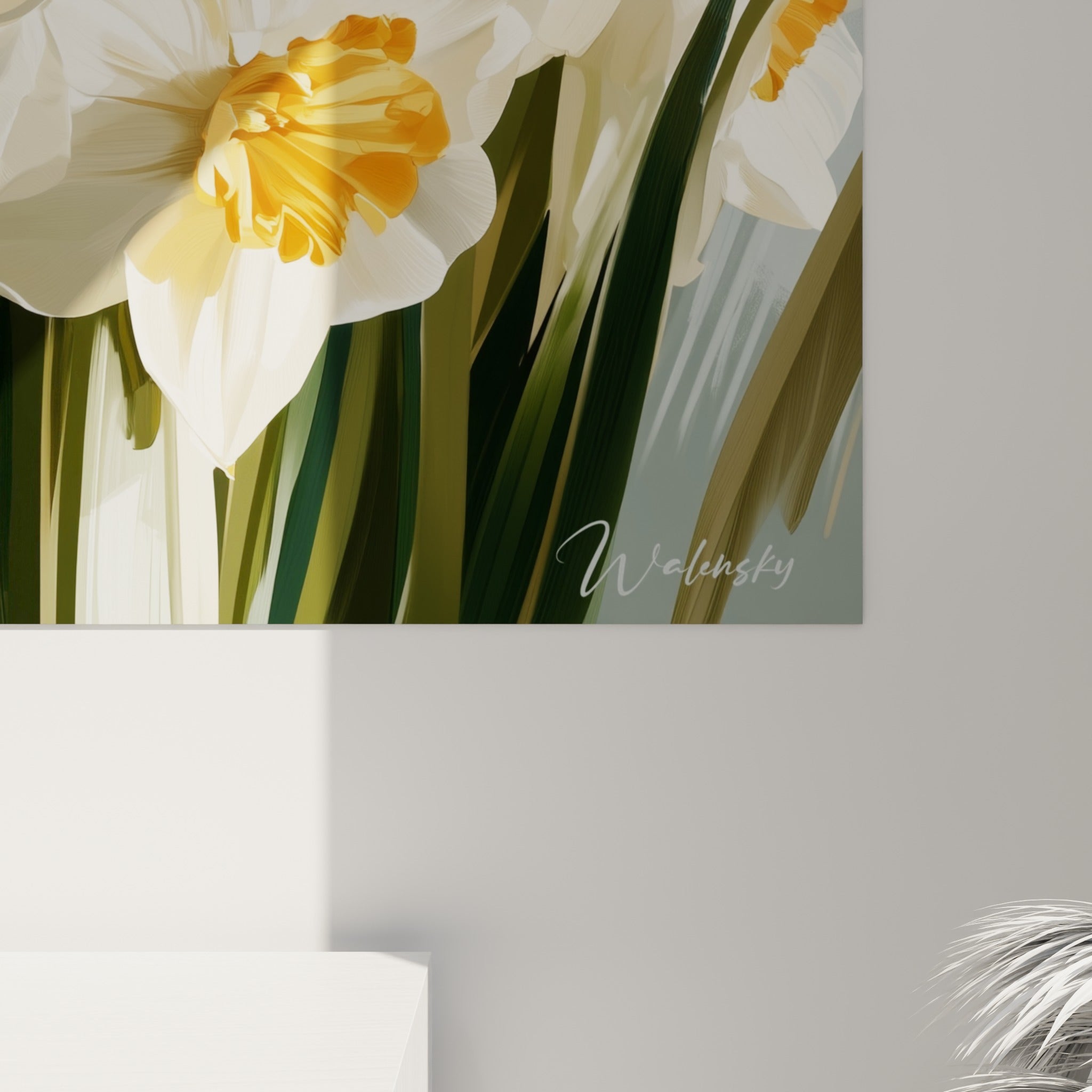 Détail du grain pictural des jonquilles blanches et orangées, empâtements visibles sur la toile