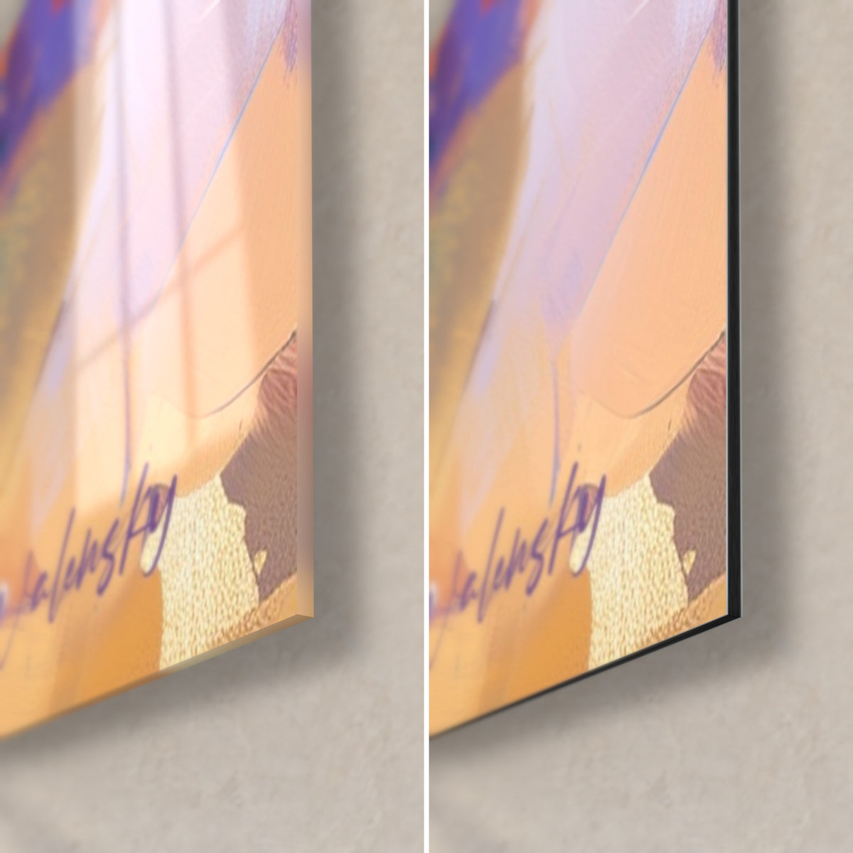 Quadro fiori di narciso brillanti, angolo in basso a destra: vetro acrilico lucido con riflessi rosati, alluminio Dibond nero opaco, spessore 3 mm