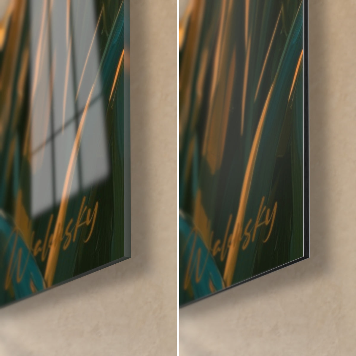 Cuadro narcisos amarillo pálido y verde profundo, firma dorada Walensky, esquina de cristal brillante abajo a la derecha y aluminio Dibond mate, canto de 3 mm