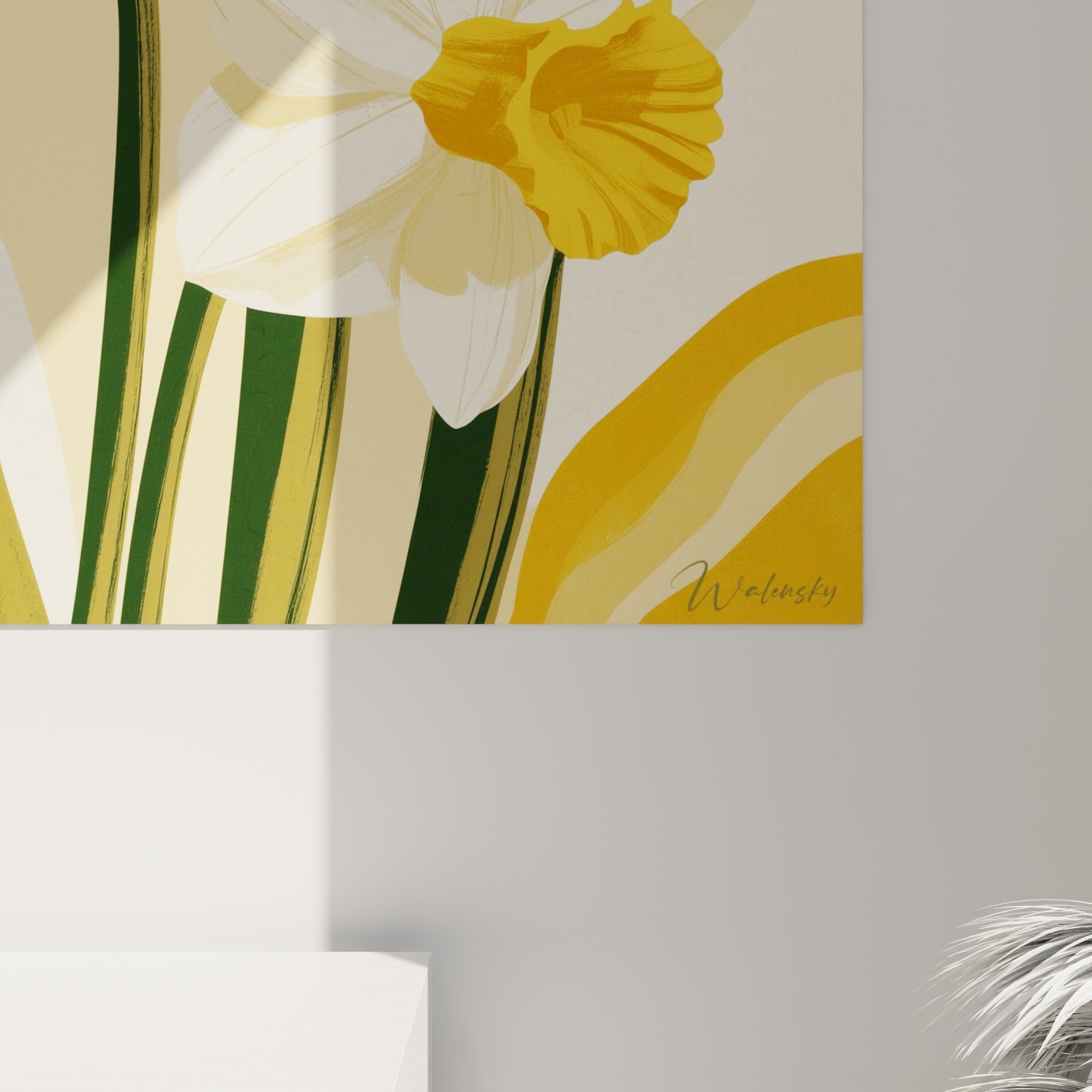 Grain pictural visible sur les pétales blancs et le jaune safran des jonquilles en gros plan