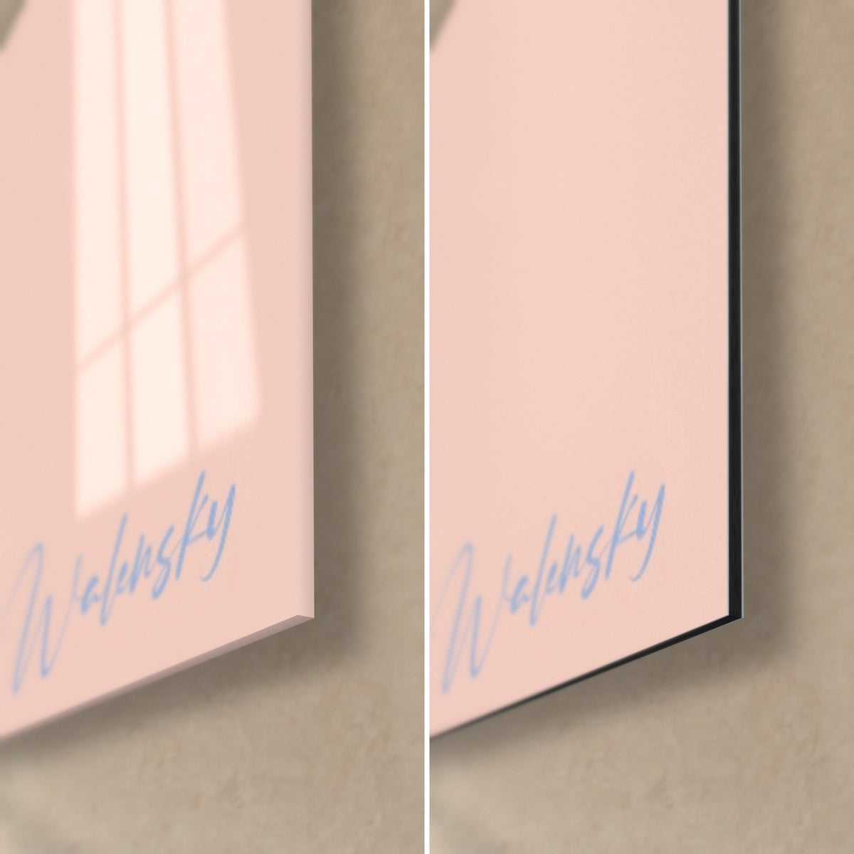 Tableau fleurs de narcisse sur fond rose pâle, signature bleue Walensky, coin en verre brillant et en alu Dibond mat, tranche fine