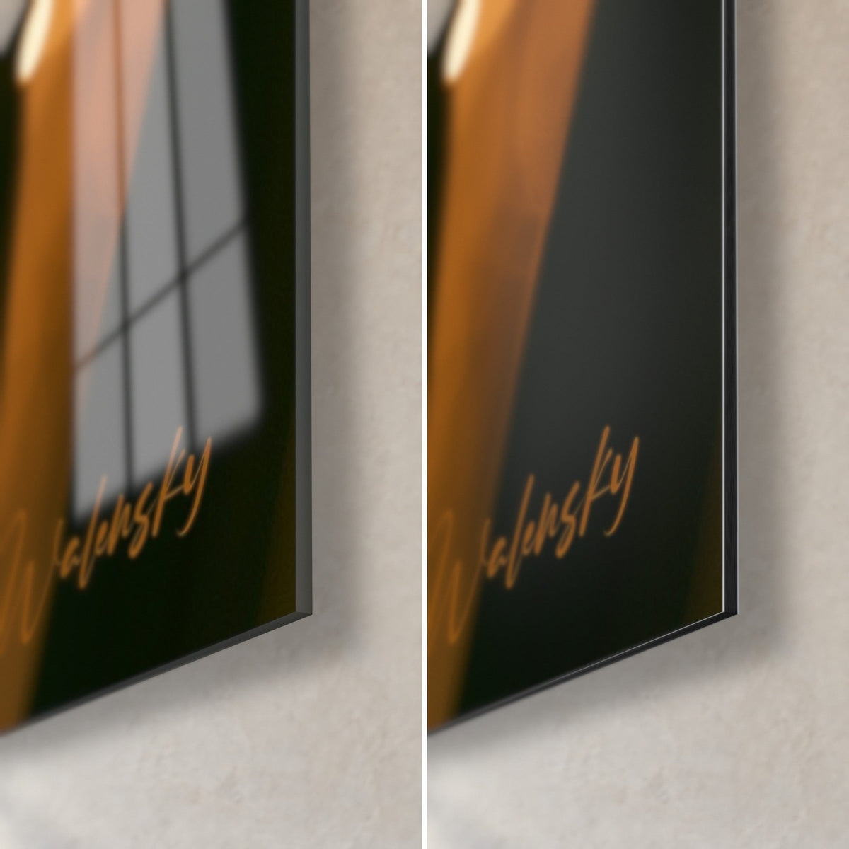 Wall art ivory and amber daffodils, bottom-right corner in glossy acrylic glass and matte Dibond aluminum, golden signature, 3 mm edge