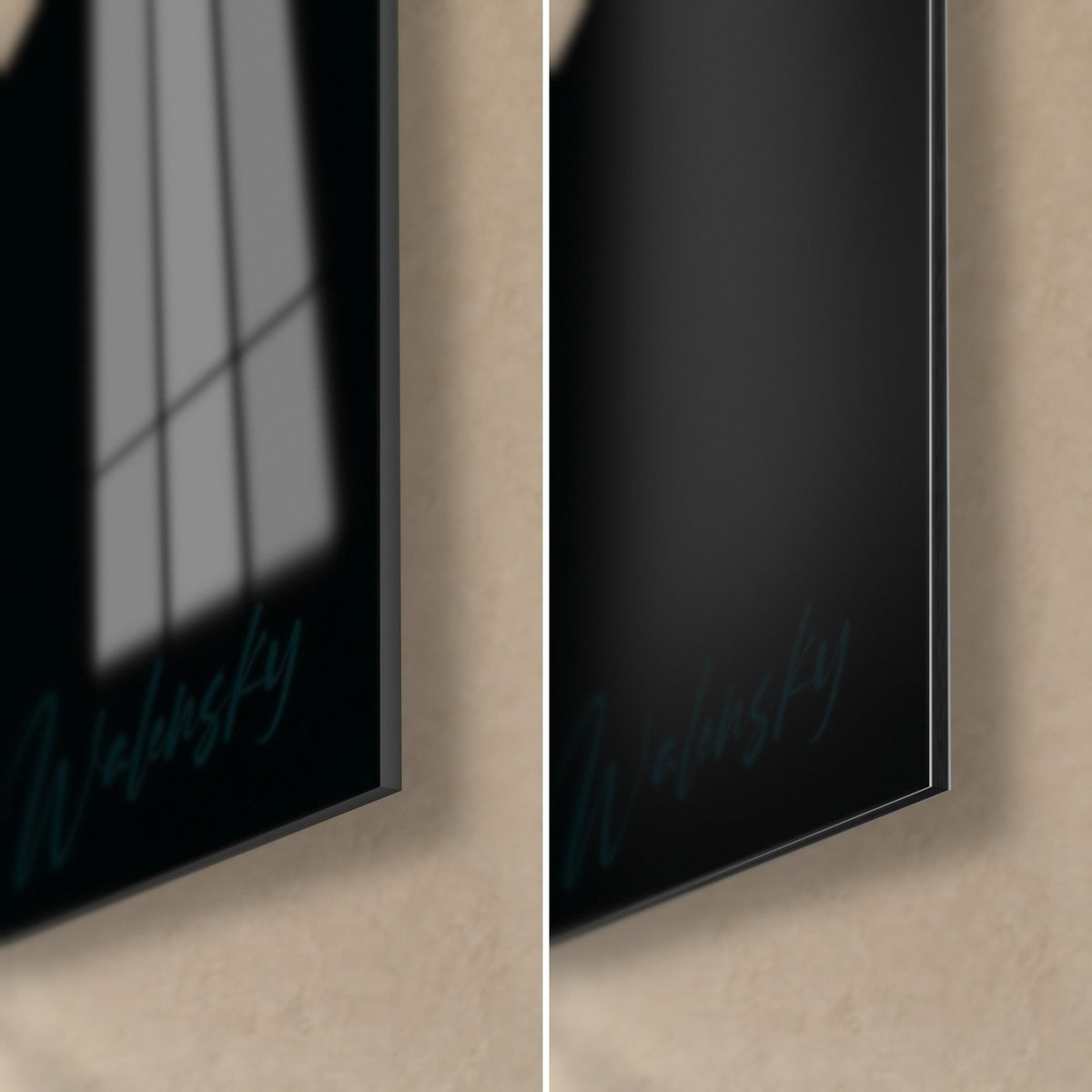Wall art with golden daffodil blooms on a black background, bottom right corner: glossy acrylic glass reflecting the window, matte Dibond aluminium, 3 mm edge