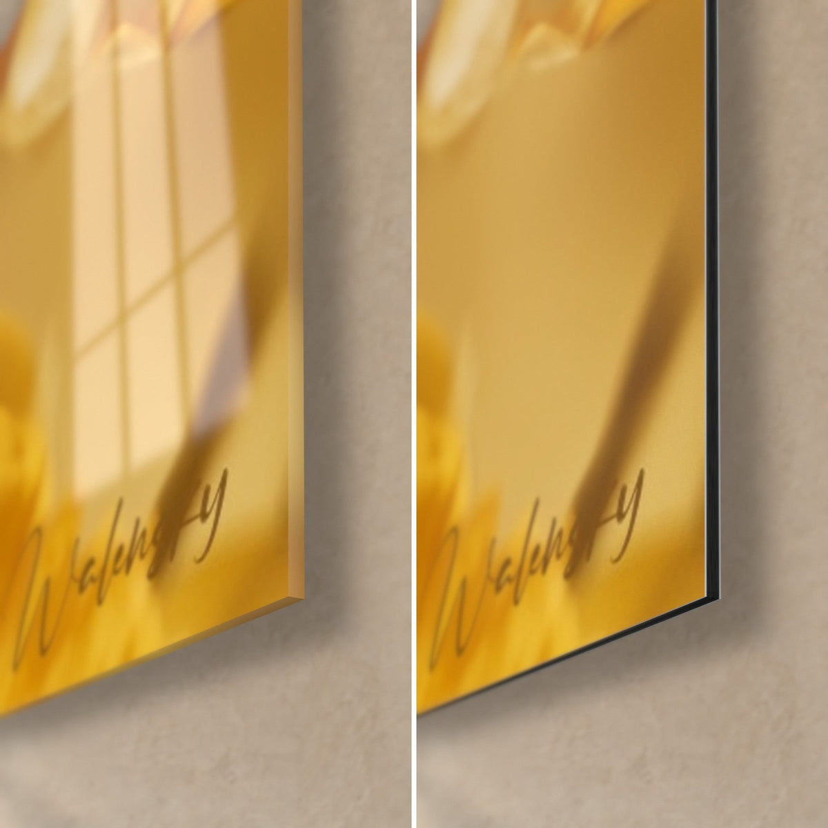 Tableau jonquilles jaune vif sur verre acrylique brillant et alu Dibond mat noir, tranche de 3 mm, coin bas droit signé Walensky