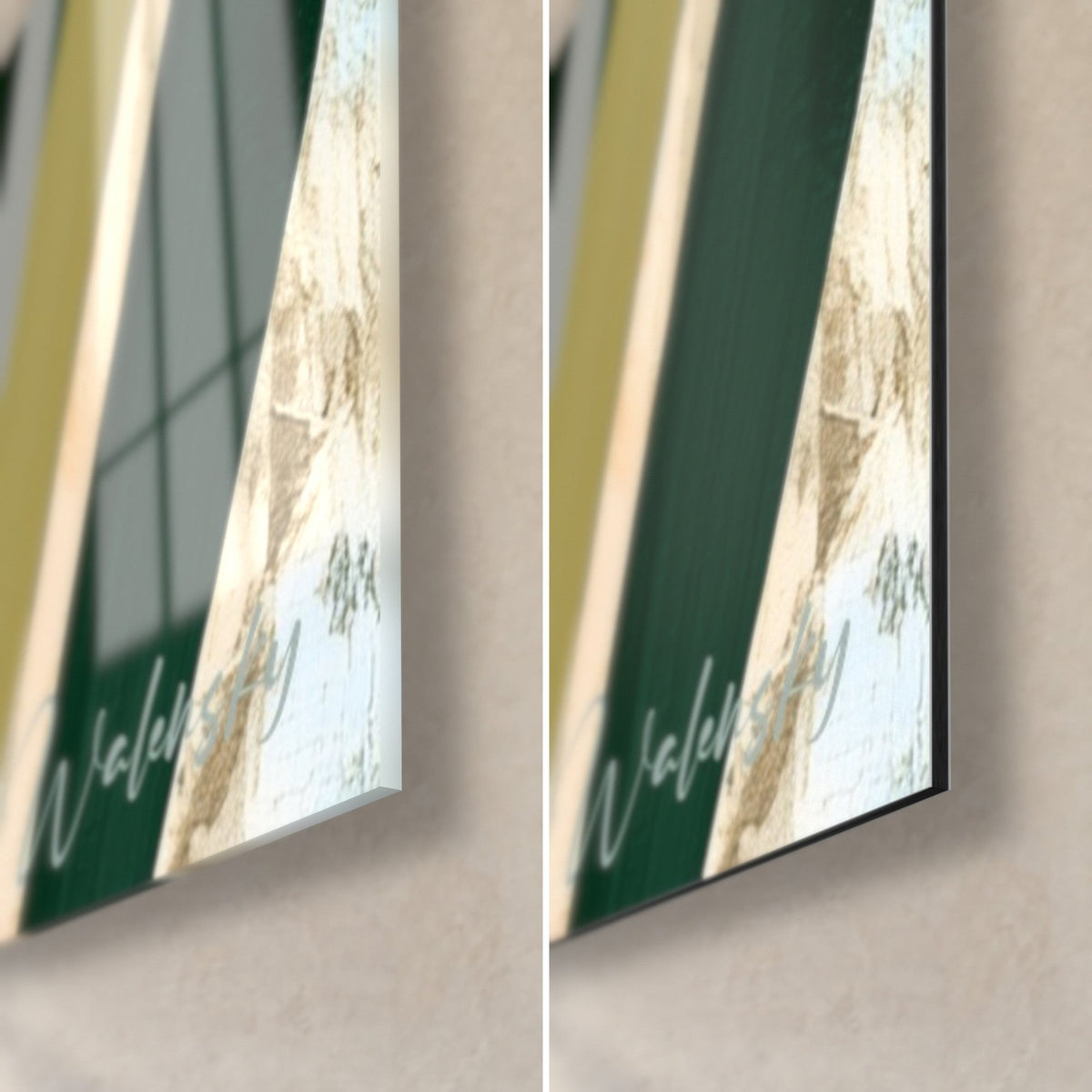 Quadro fiori di narciso bianco avorio, bordo di 3 mm, vetro lucido a sinistra, Dibond nero opaco a destra, steli verdi
