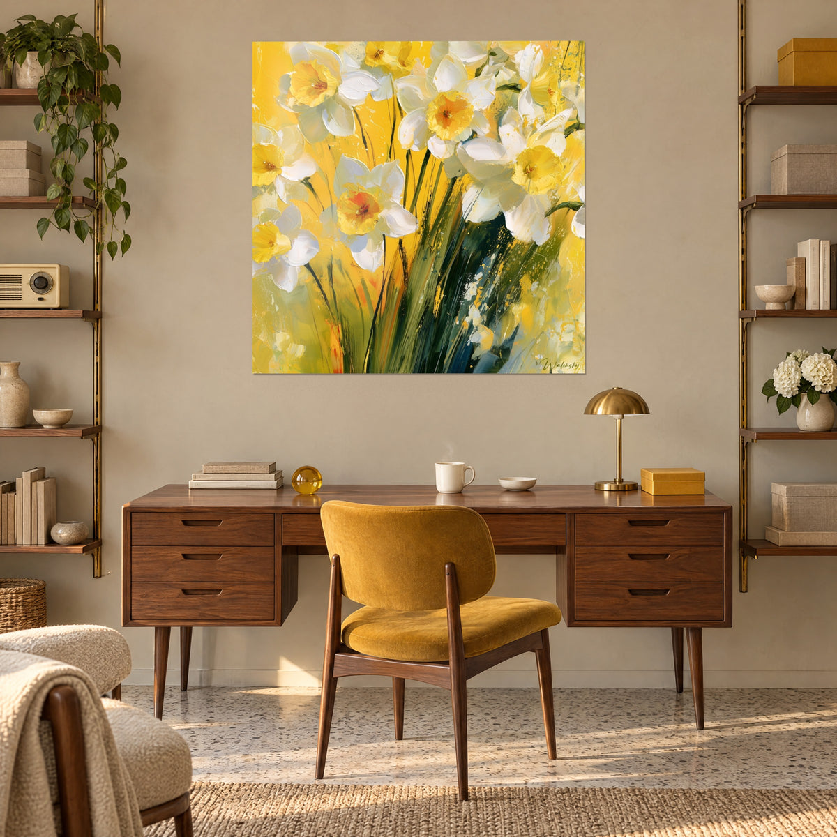 Cuadro floración primaveral blanca y amarillo dorado, tallos verde oliva, salpicaduras de pintura, colgado encima de un escritorio de madera