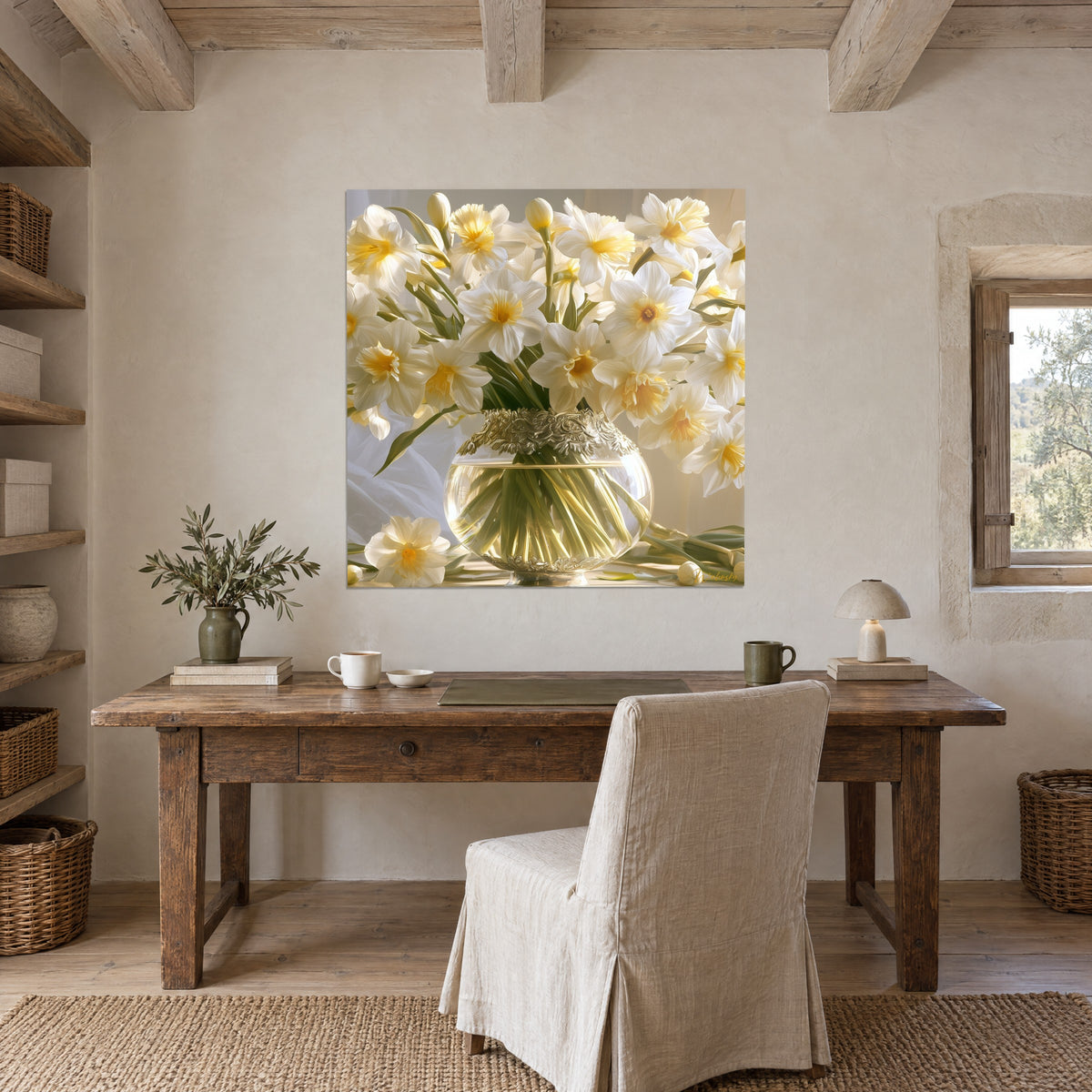 Quadro corona di petali bianchi e giallo burro, vaso cesellato in argento e oro, di fronte a una scrivania in legno grezzo e una poltrona di lino beige