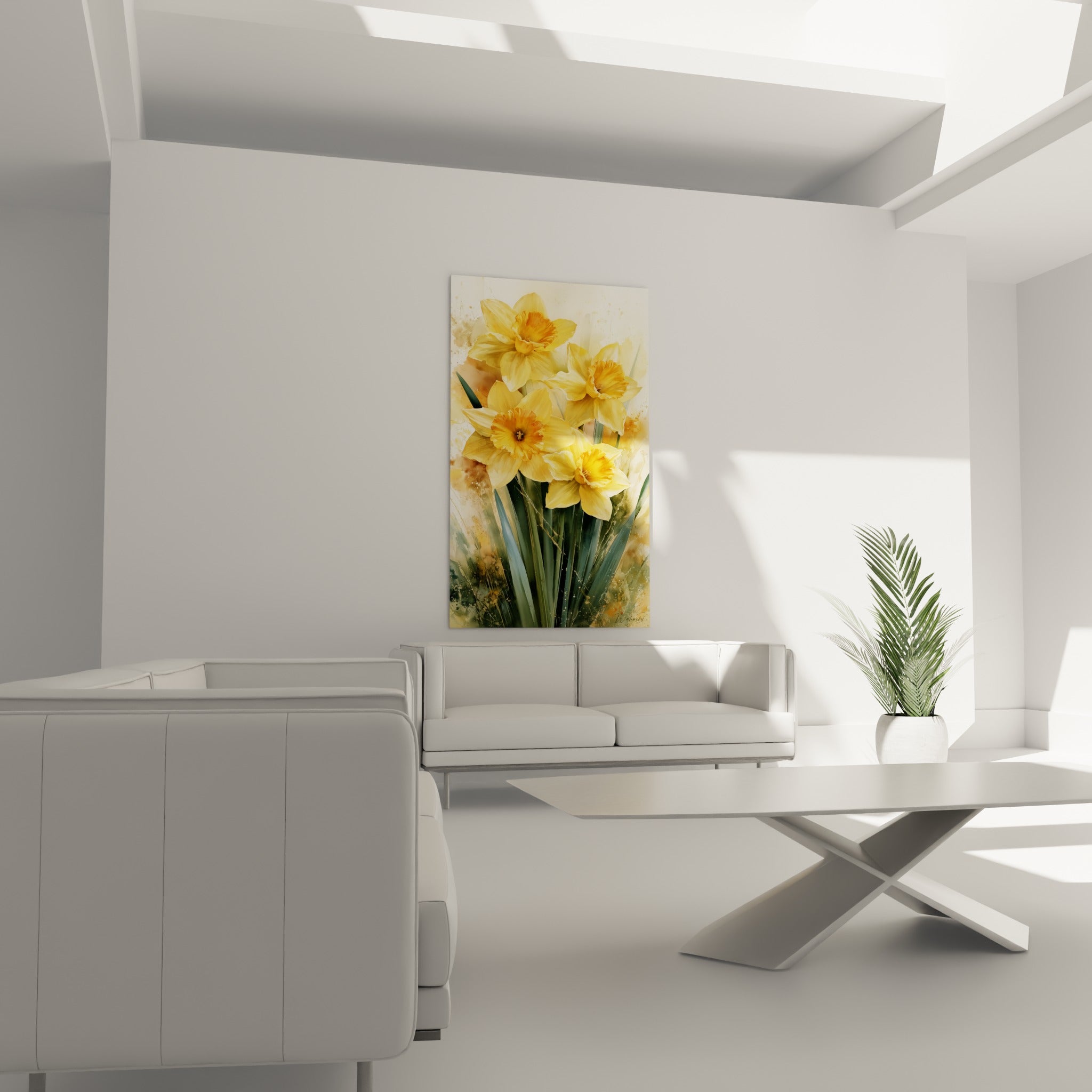 Fleurs de jonquille jaune vif aux tiges vert sauge disposées au-dessus d'un canapé dans un salon lumineux