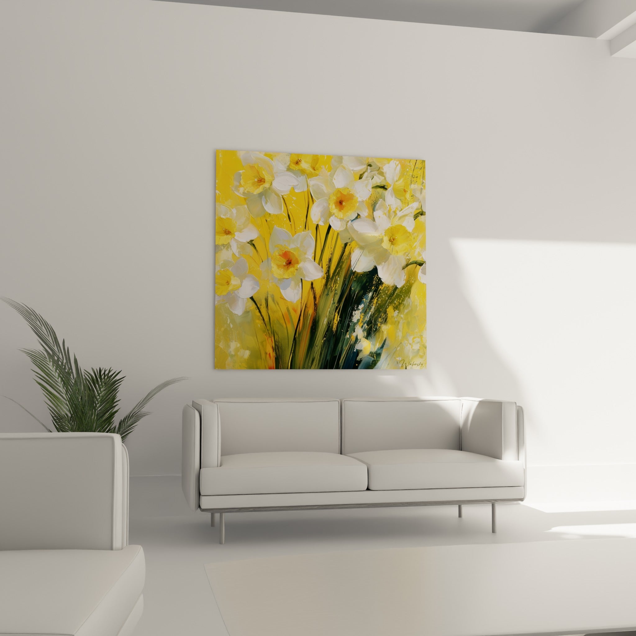 Fleurs de jonquille aux tiges vert sombre accrochées au-dessus d'un canapé dans un salon lumineux