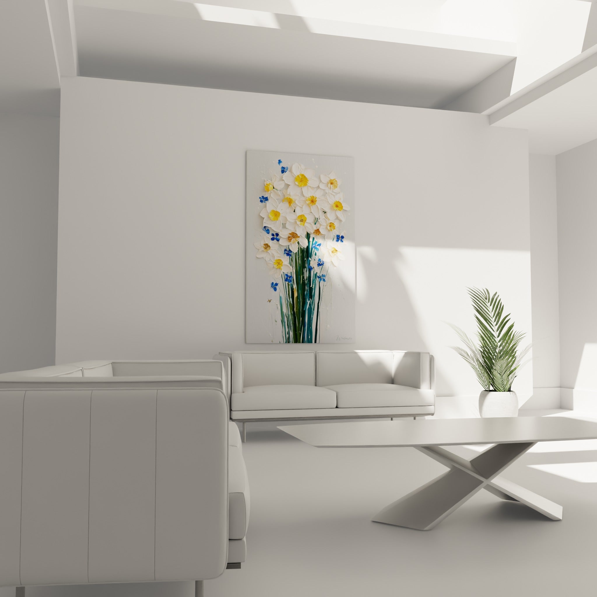 Fleurs de jonquille blanches à touches bleues et dorées, disposées au-dessus d'un canapé dans un salon lumineux
