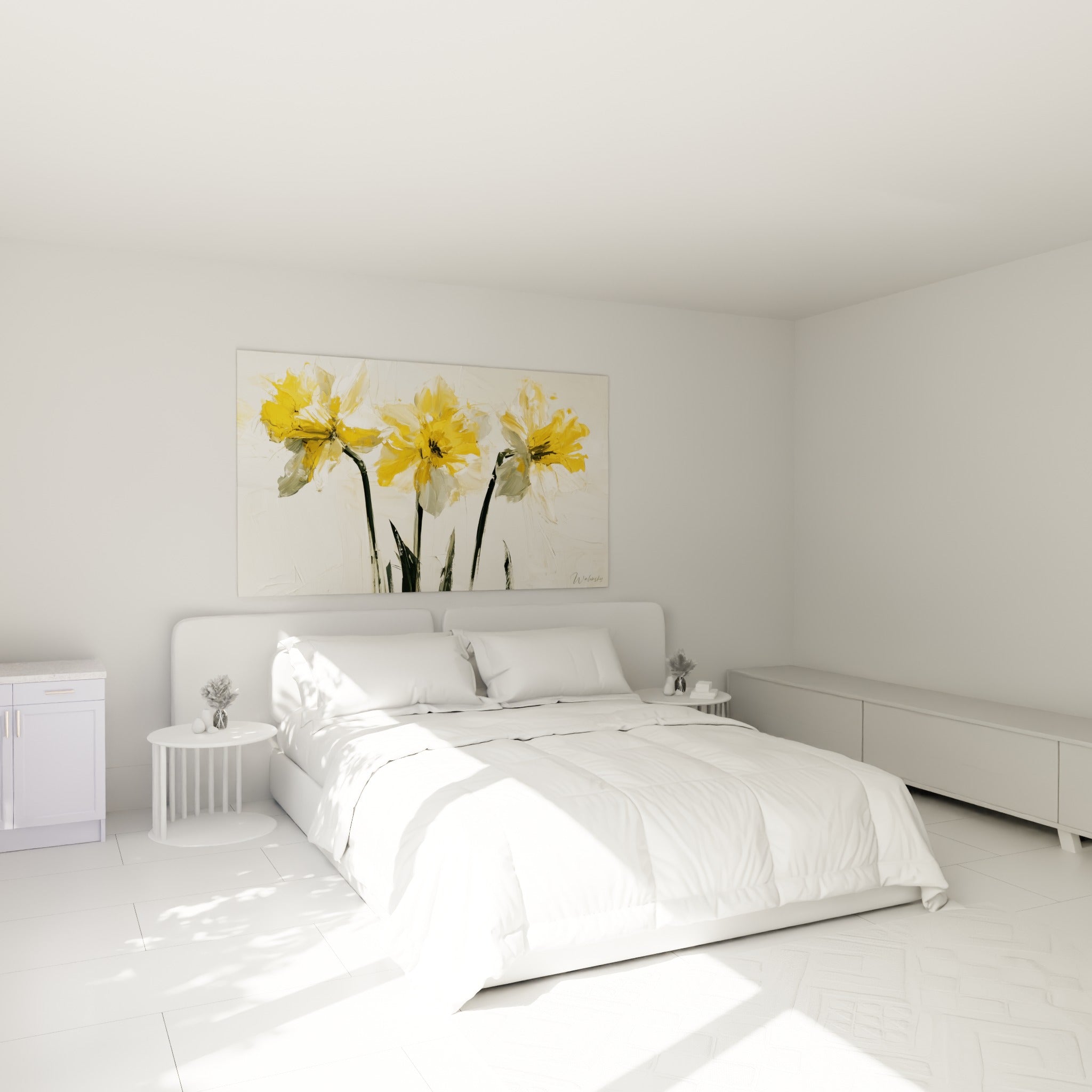 Trois jonquilles dorées et anthracite composent ce tableau accroché au-dessus d'un lit dans une chambre claire