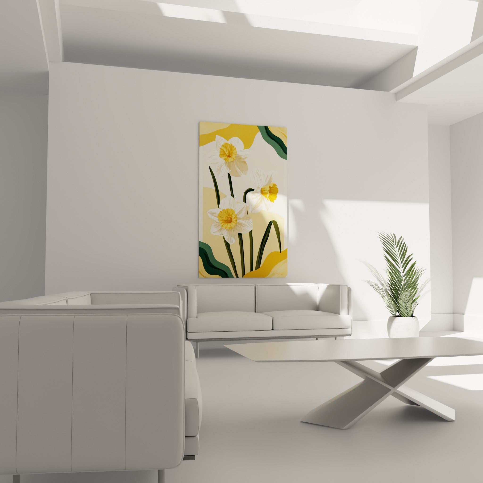 Trompettes jaune safran des jonquilles blanches disposées au-dessus d'un canapé dans un salon lumineux
