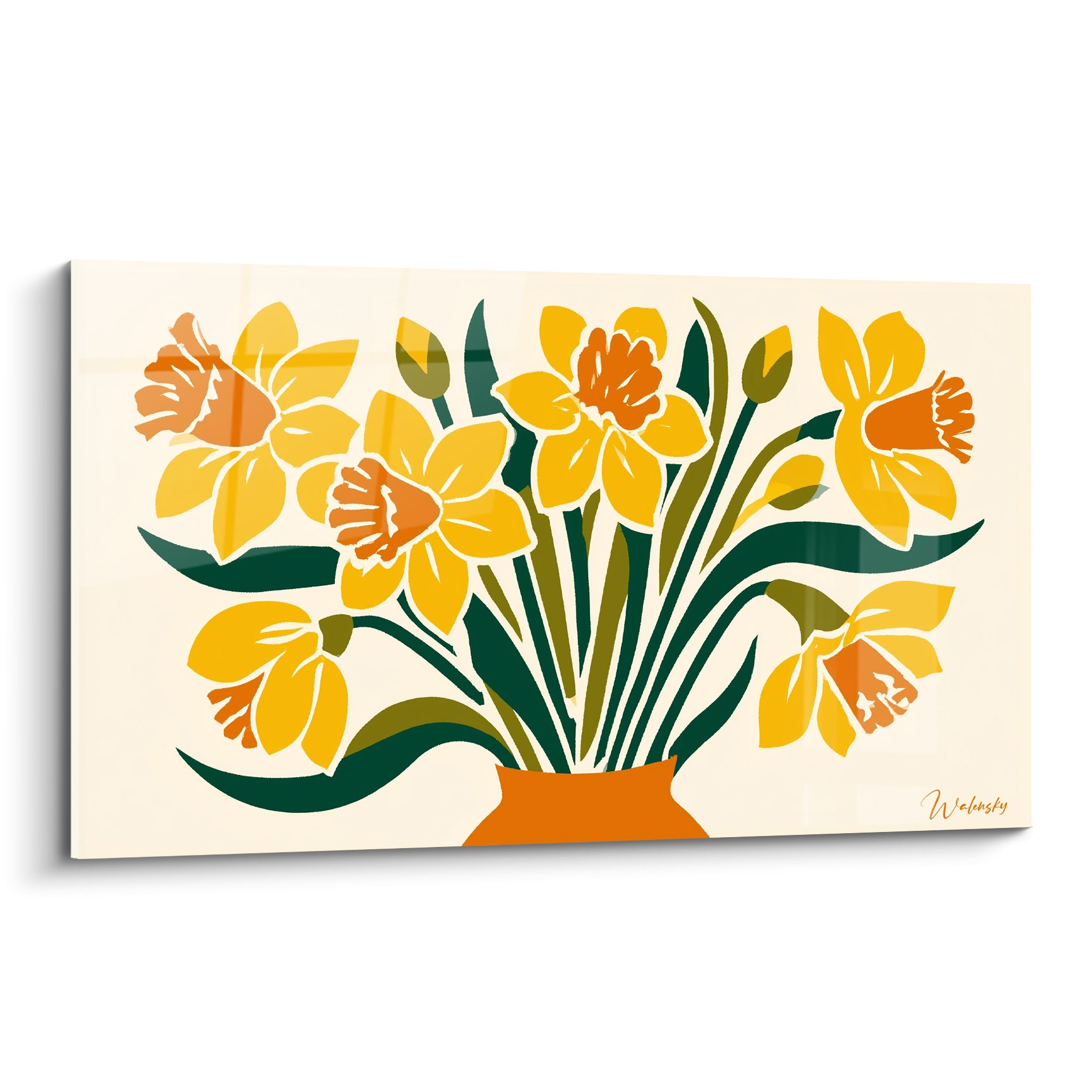 Jonquilles jaunes et orangées dans un vase terracotta, style illustratif sur fond ivoire