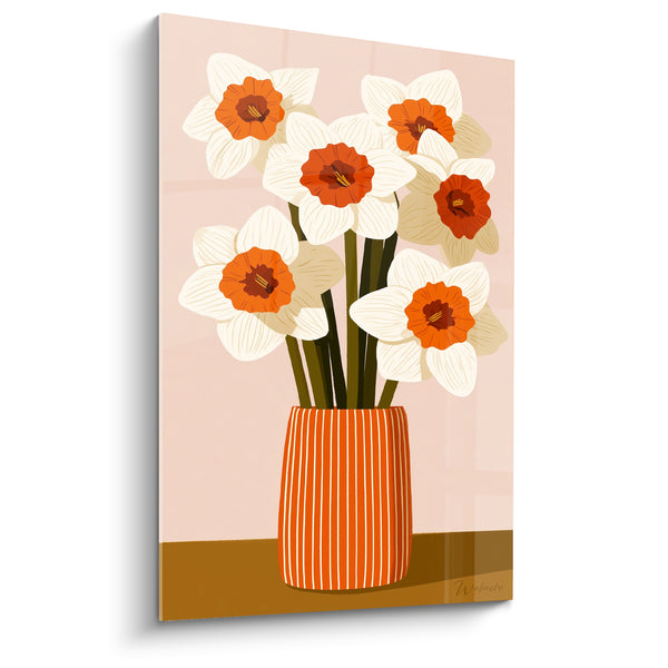Tableau Vase orange rayé blanc et corolles orangées - Fond rose poudré - Edition Jonquille