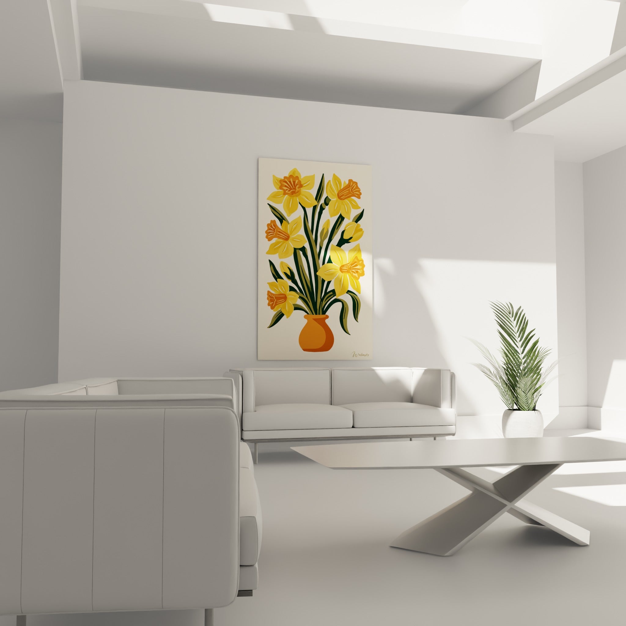 Fleurs de jonquilles orangées et vase terracotta accrochés au-dessus d'un canapé dans un salon lumineux