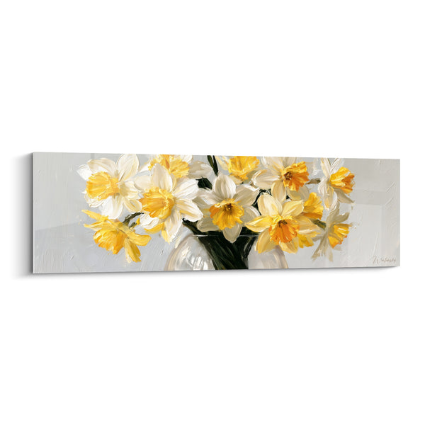 Tableau Vase transparent aux jonquilles blanches et jaunes - Fond gris texturé - Edition Jonquille