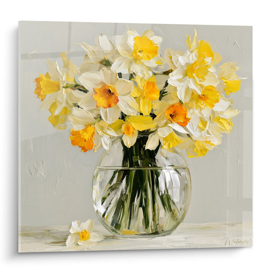 Jonquilles blanches et orangées peintes dans un vase de verre rond aux reflets argentés