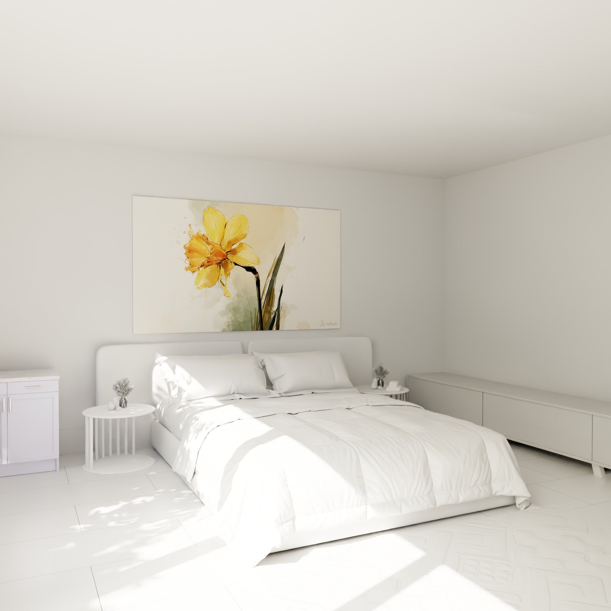 Fleur de jonquille jaune et vert sauge au-dessus d'un lit dans une chambre claire