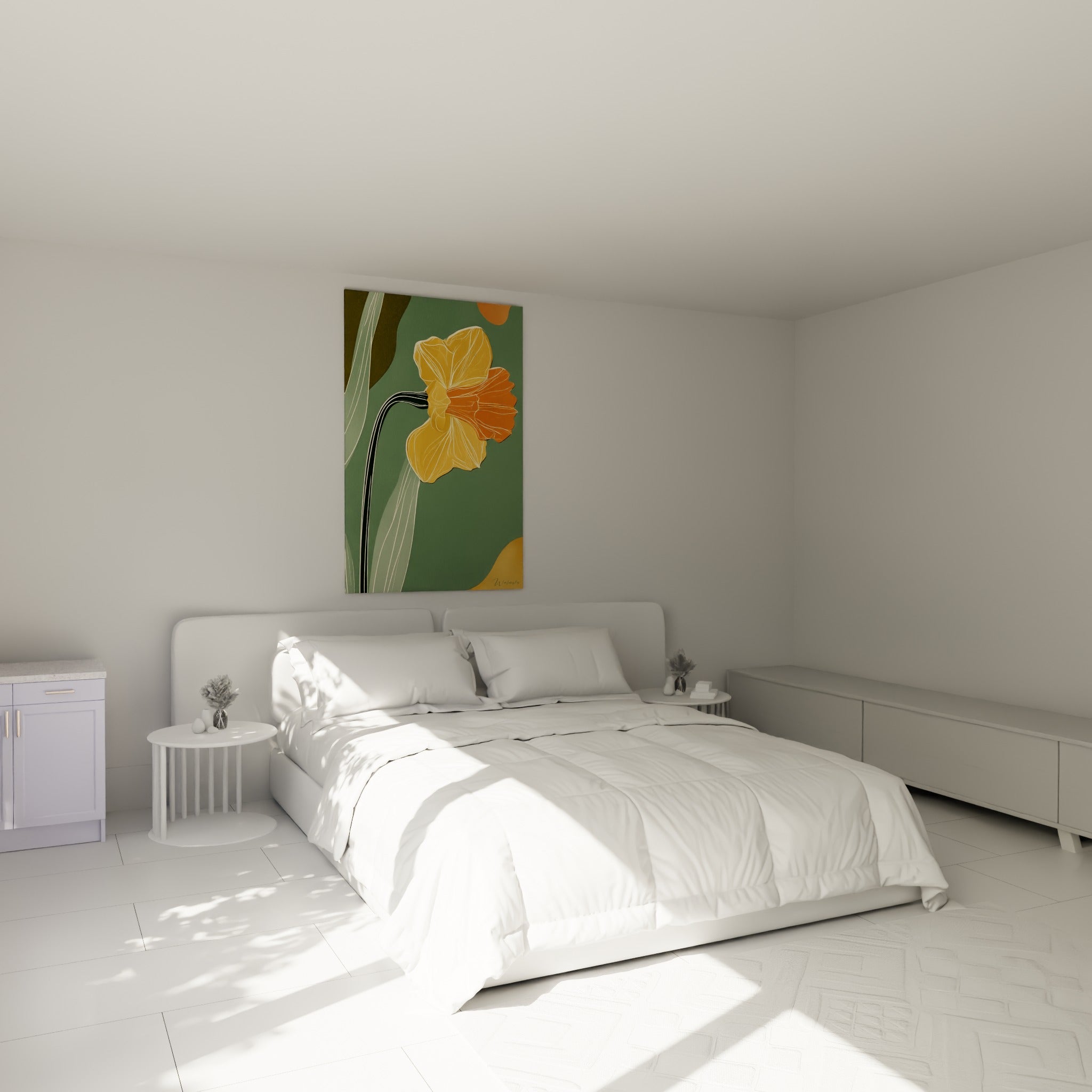 Fleur jonquille orangée et jaune moutarde accrochée au-dessus d'un lit dans une chambre claire
