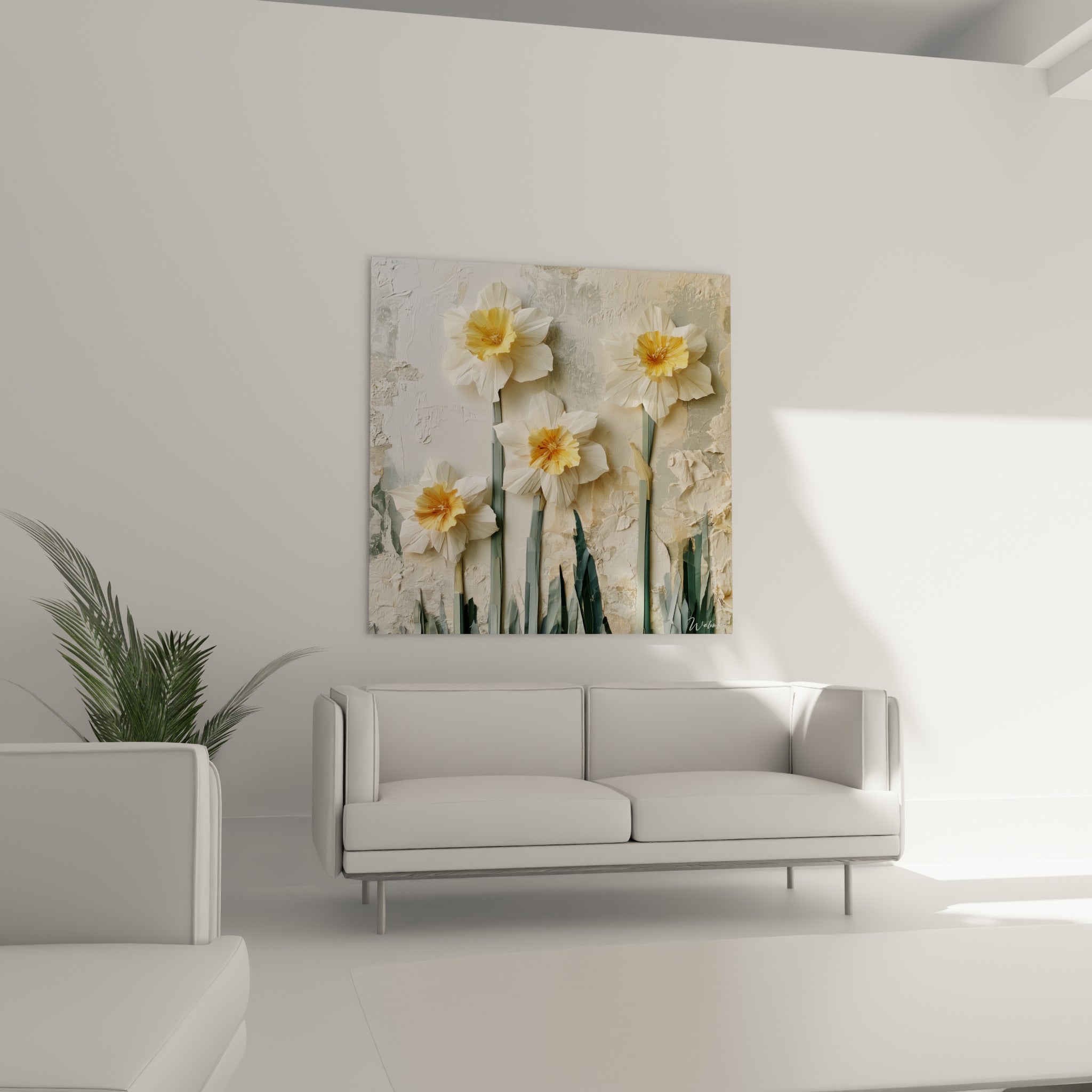 Fleurs de jonquille blanc ivoire et vert sauge au-dessus d'un canapé dans un salon lumineux
